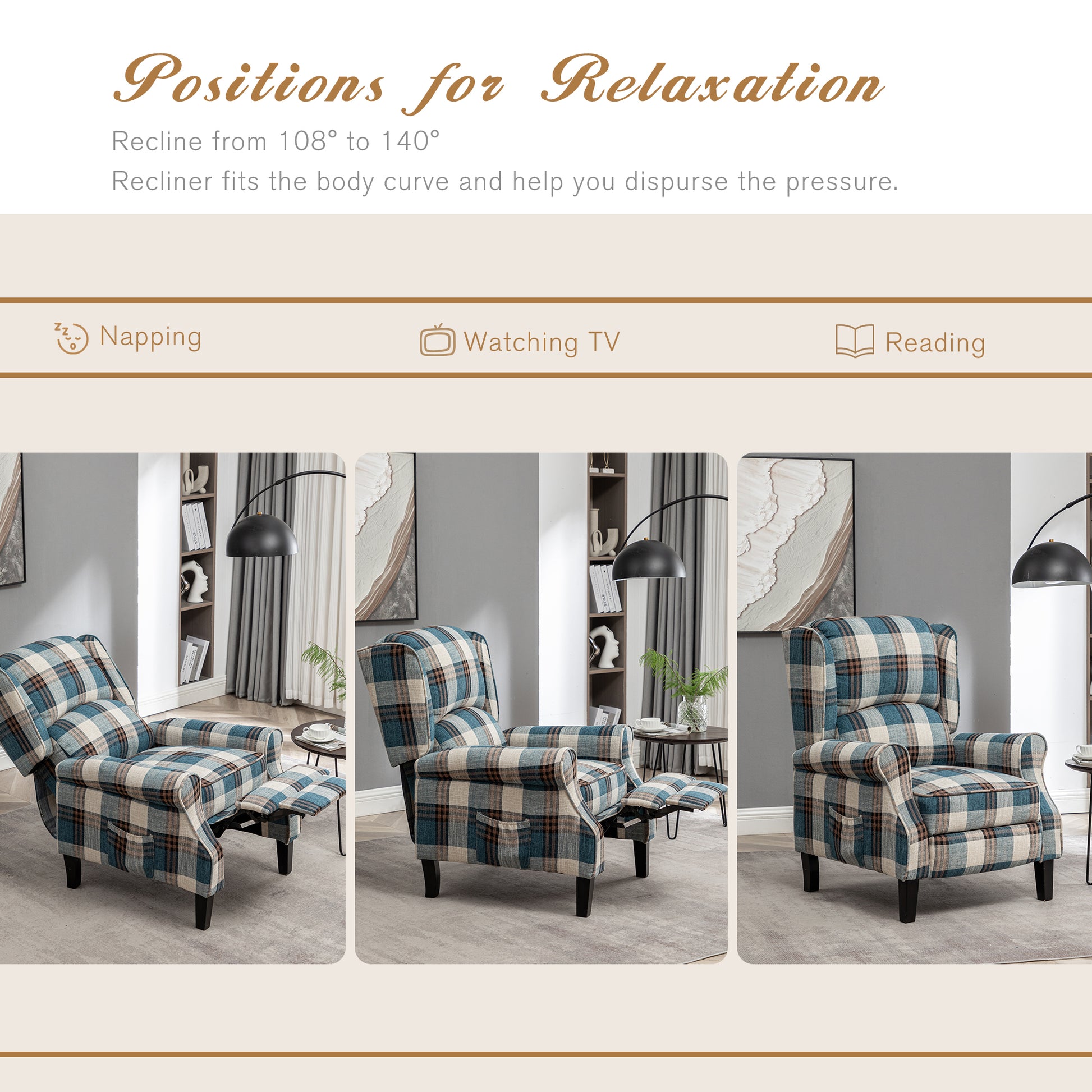 Vintage Armchair Sofa Comfortable Upholstered Leisure Chair Recliner Chair For Living Room Blue Check Blue Fabric 1 Seat