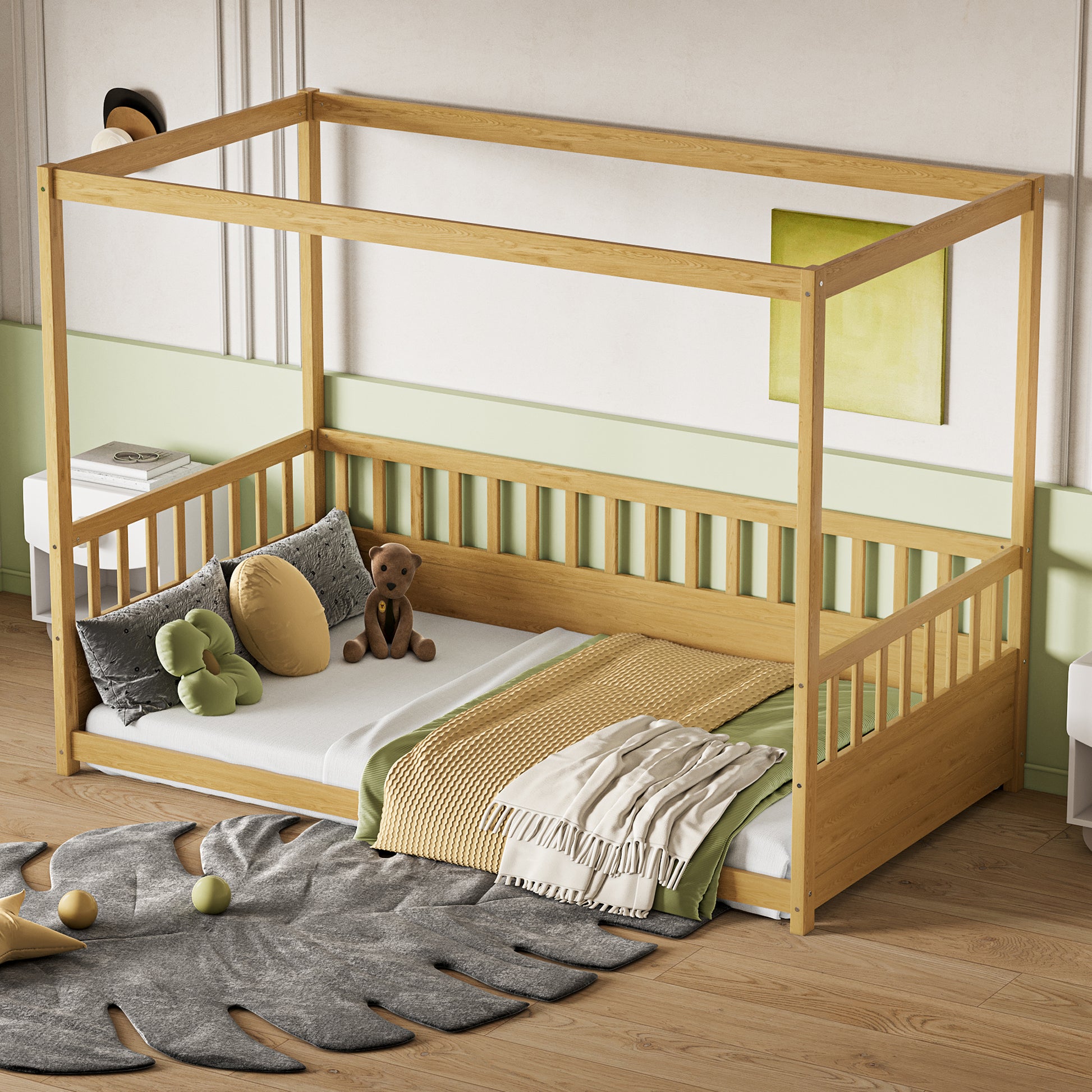 Twin Size Canopy Bed Frame With Guardrails For Kids,Floor Bed Twin With Four Poster Design,Kids Montessori Floor Bed,Wood Canopy Bed Frame For Girls,Boys Twin,Natural Box Spring Required Twin