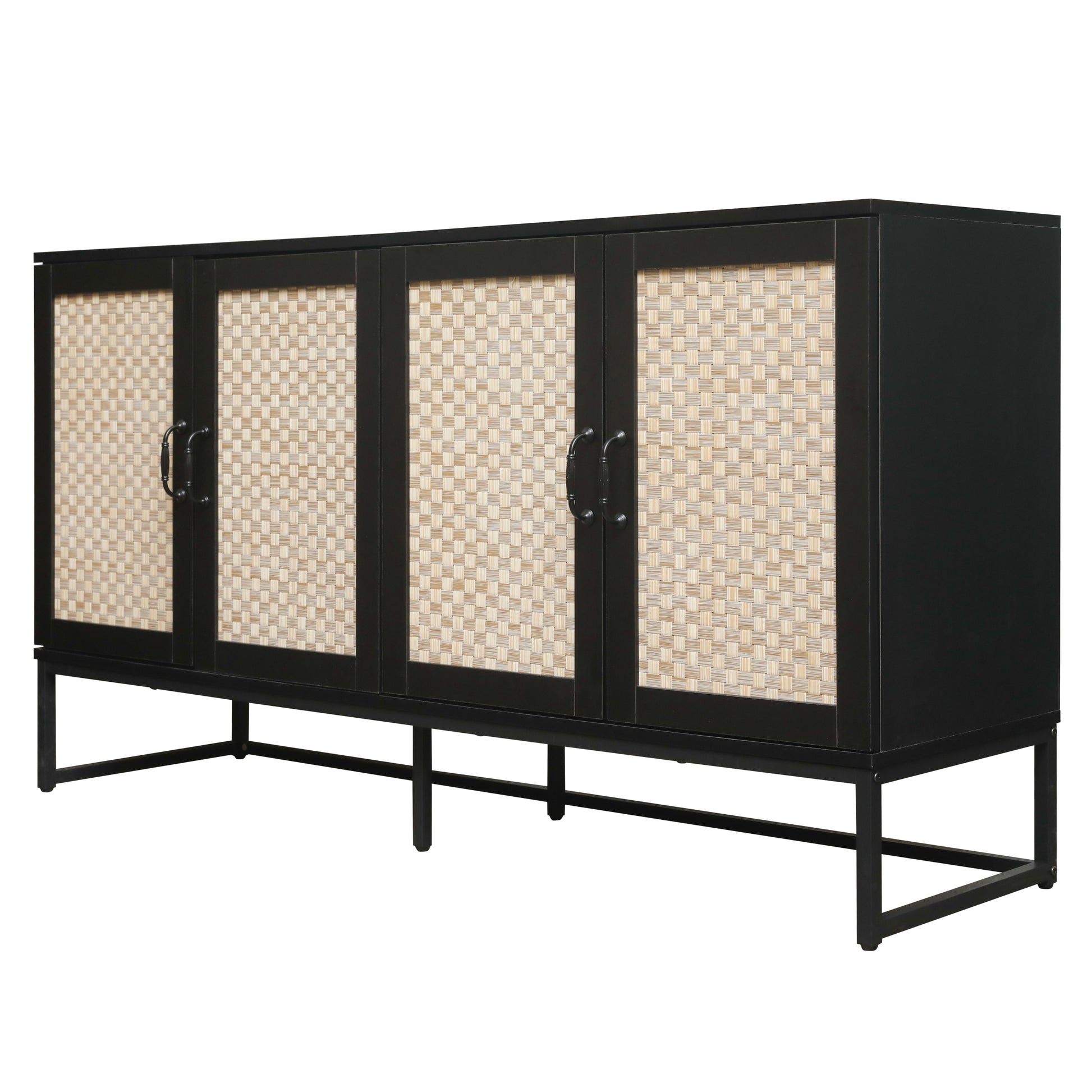 Rattan 4 Door Sideboardsideboard Buffet Storage Cabinet,Accent Storage Cabinetlarge Cabinet With 4 Rattan Decorated Doors For Living Room Dining Room Black Modern Particle Board Mdf