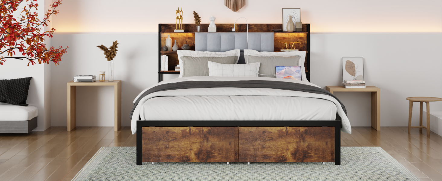 King Size Bed Frame With 2 Storage Drawers And Led Lights Headboard, Upholstered King Bed Frame With Charging Station, No Box Spring Needed, Easy Assembly Box Spring Not Required King Dark Brown Metal Bedroom Modern Bed Frame Velvet Mdf Metal