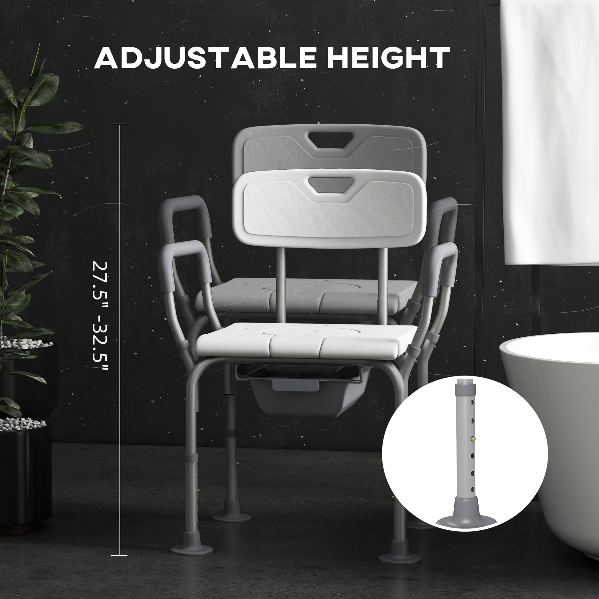 Homcom 3 In 1 Shower Chair With Back And Arms, Height Adjustable Bedside Commode, Raised Toilet Seat With Non Slip Rubber Foot Pad For Seniors, Disabled, White White Aluminum