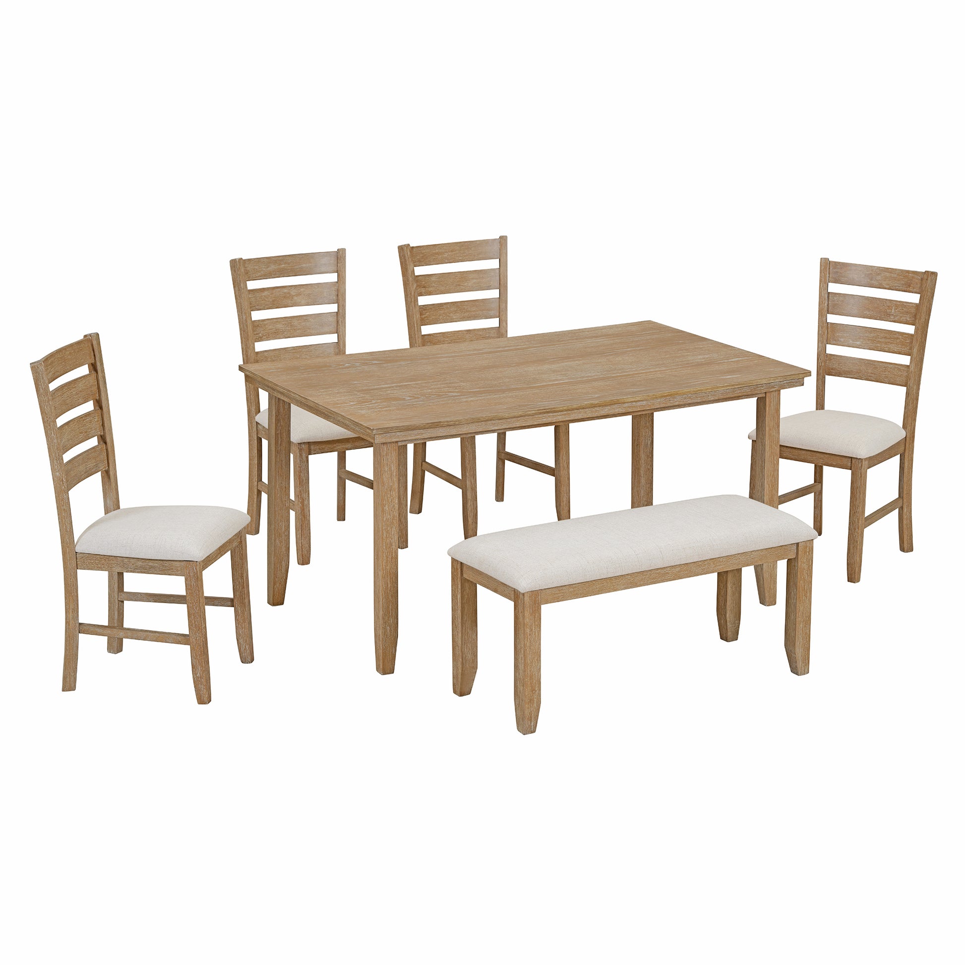 Dining Room Table And Chairs With Bench, Rustic Wood Dining Set, Set Of 6 Natural Wood Wash Natural Wood Wash Solid Wood