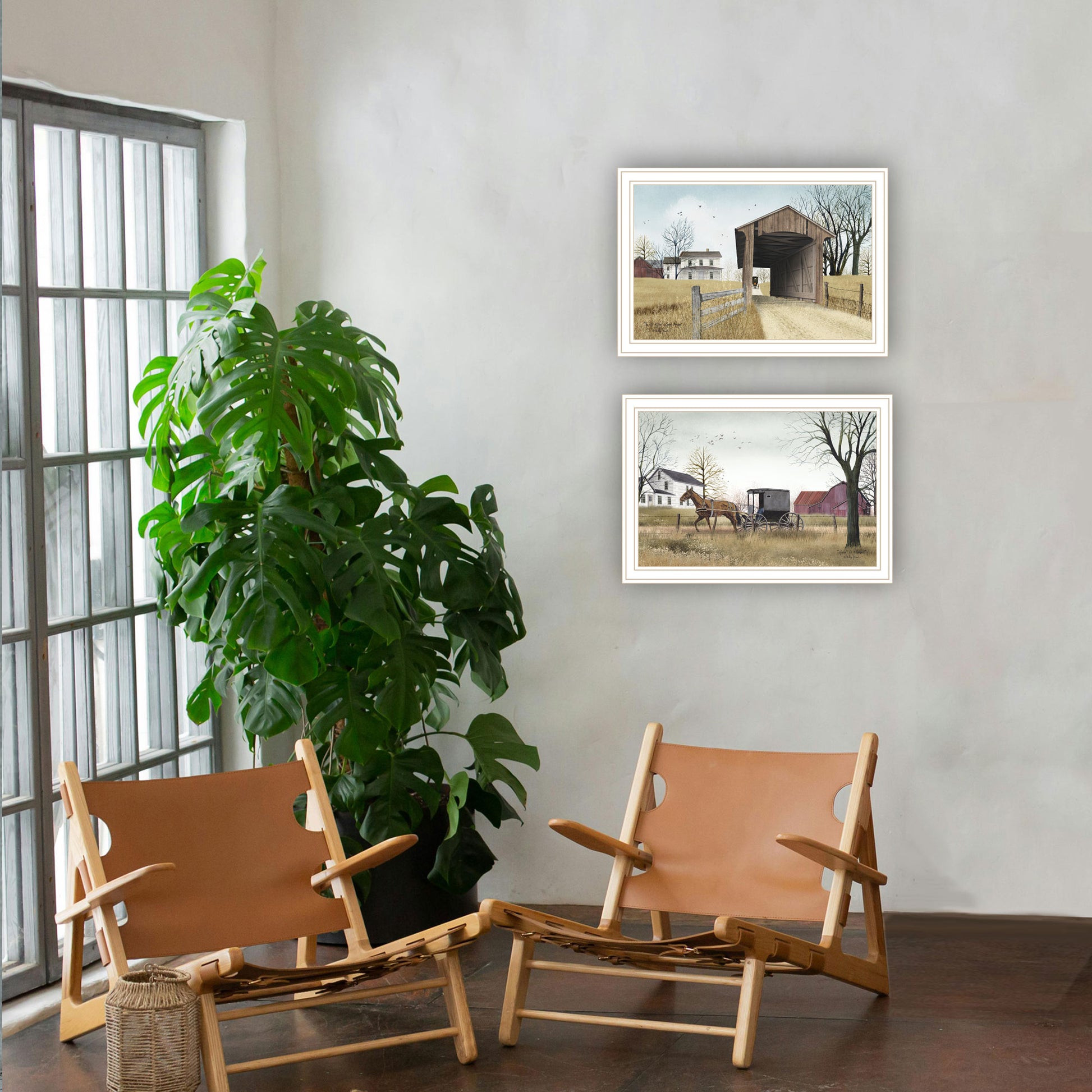 2 Piece Vignette Miller'S Creek Bridge, Going To Market White Framed Wall Art For Living Room, Bedroom Wall Art Print For Home Decor By Billy Jacobs Multicolor Wood Paper