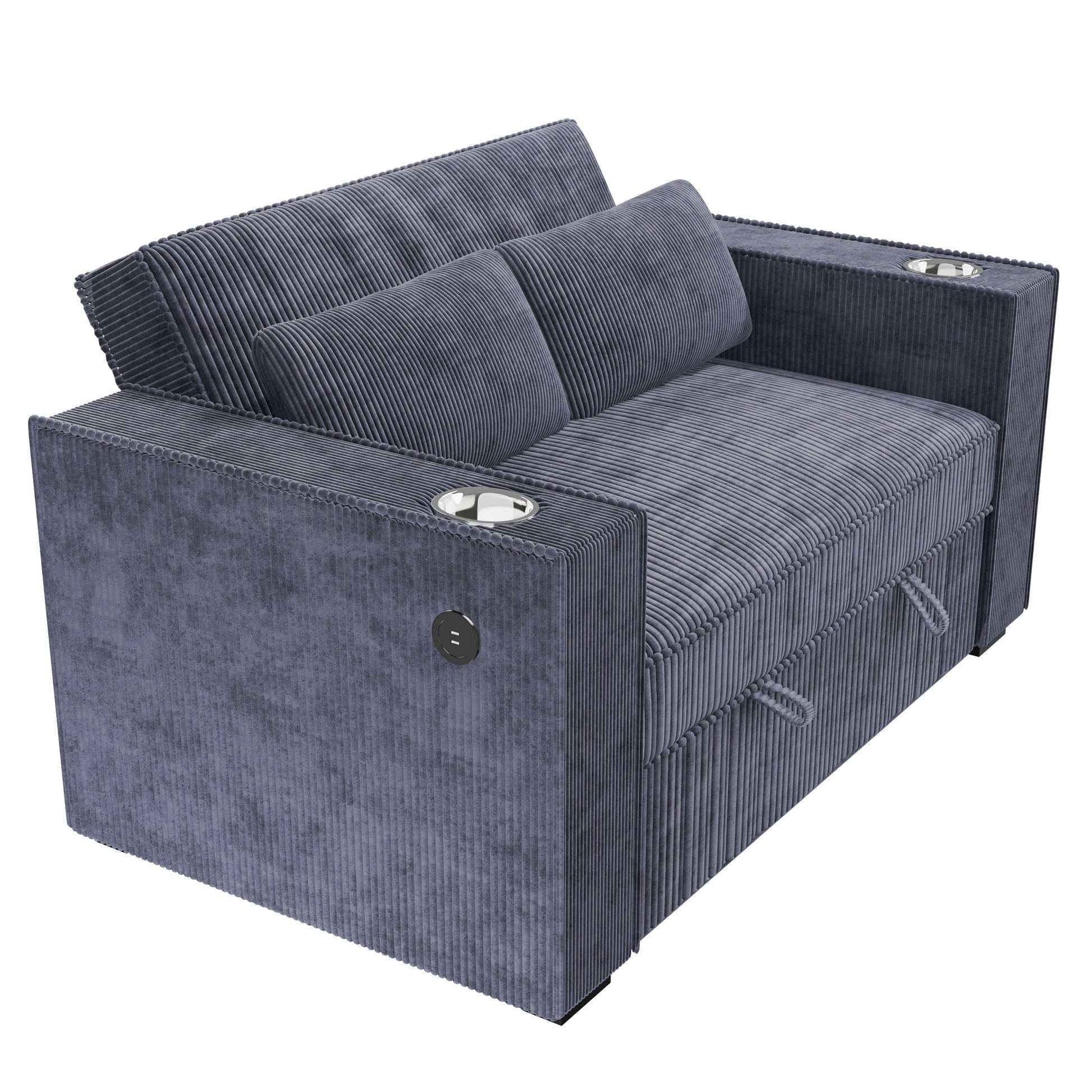 Dark Gray Corduroy Upholstered 2 Seat Sofa W Cup Holders Sleeper Couch 1Pc Convertible Sofa W Usb Dark Gray Wood Primary Living Space Cushion Back Contemporary,Modern,Transitional Rubberwood Square