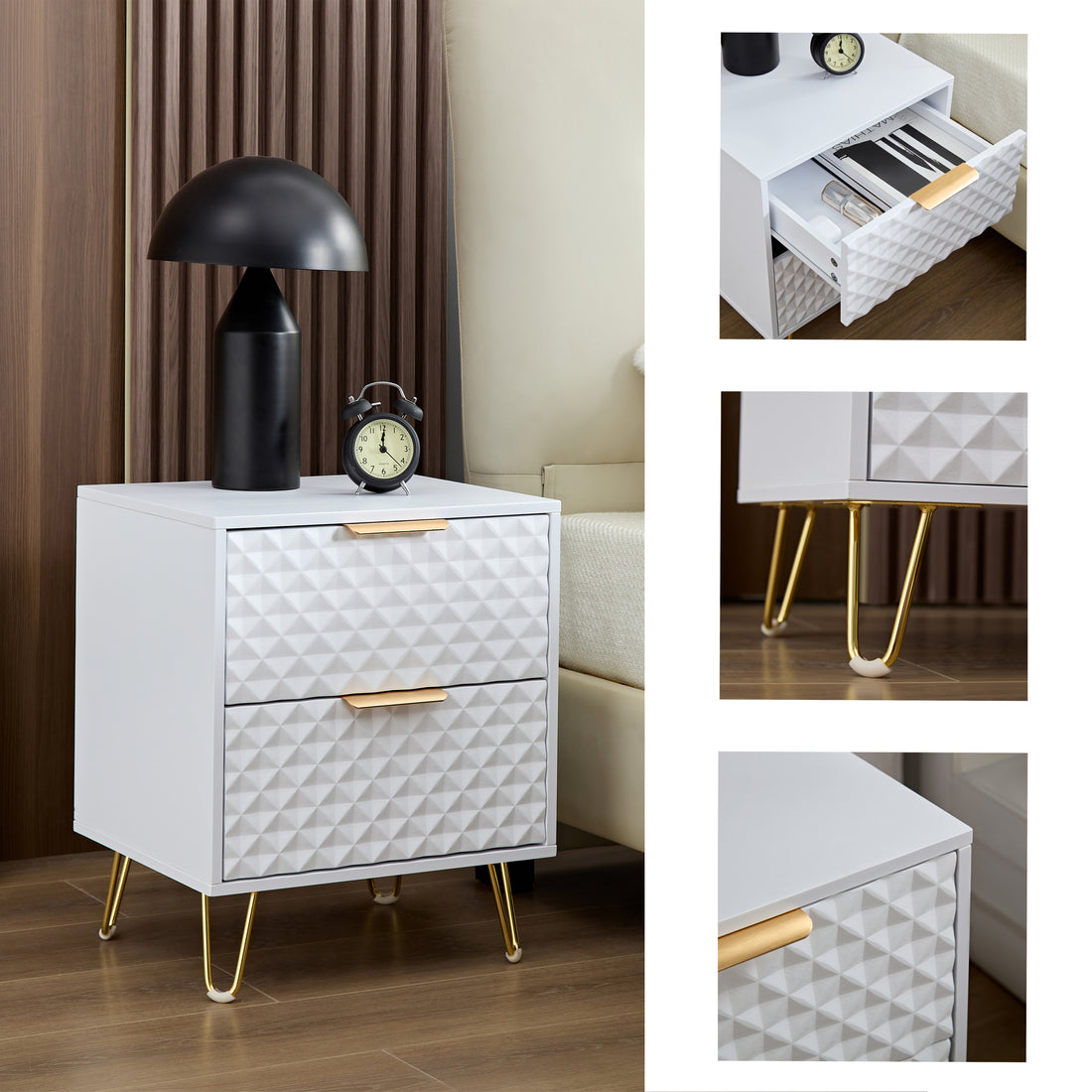 White Nightstand,Luxury Carving Board 2 Drawer Night Stand Bed Side Table With Metal Legs, 20" Tall Wood Black Night For Bedroom, Living Room, Lounge 1 Pack White 2 Drawers Bedroom American Design,American Traditional Particle Board Particle Board