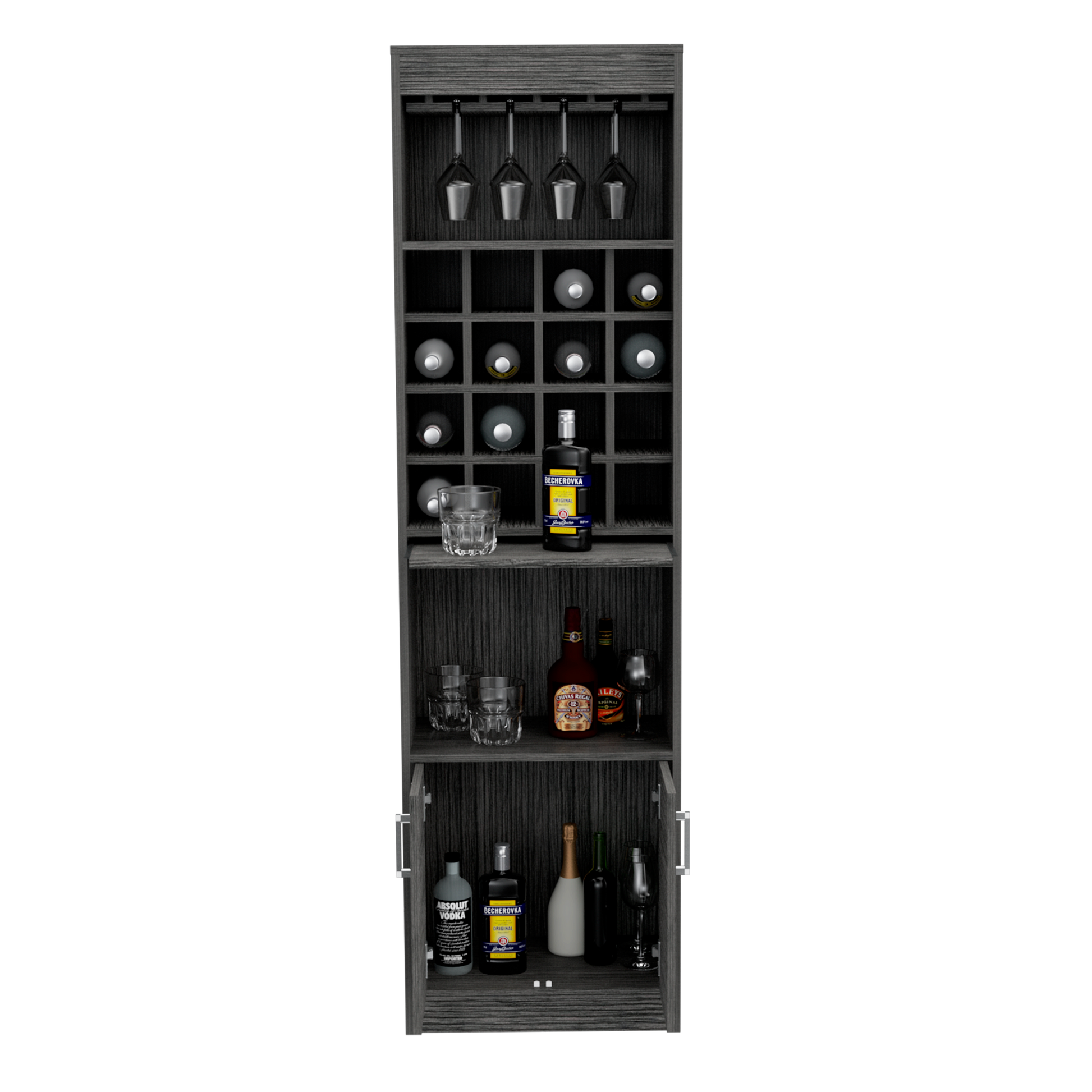 Kava Bar Cabinet, Concealable Serving Tray, Sixteen Built In Wine Rack, One Shelf, Double Door Smokey Oak Gray Dining Room Modern Particle Board Particle Board