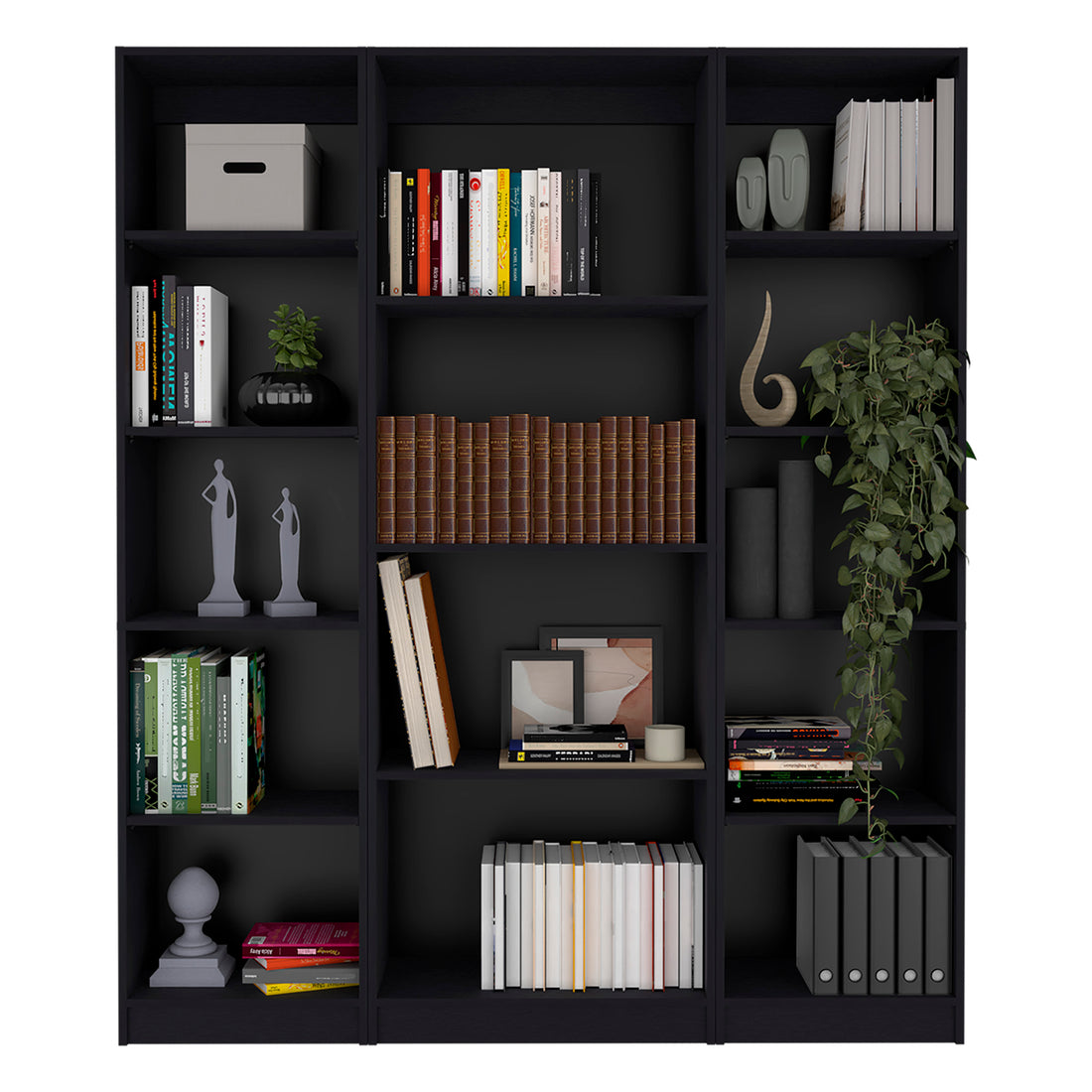 Davie 3 Piece Home Bookcase Set, 60" Wide With 14 Shelvesliving Room Set Set Black Freestanding 5 Or More Shelves Black Office Particle Board