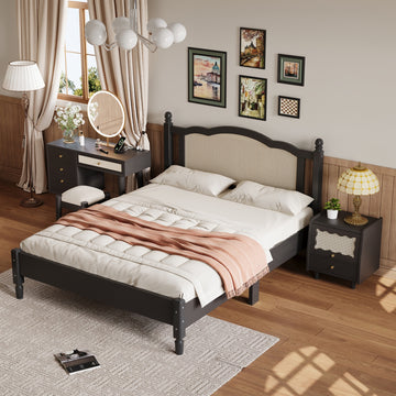3 Pieces Bedroom Set With Queen Size Wooden Bed Frame, 1 Vintage Nightstand And 1 Makeup Vanity Set With Stool,Black Expected Arrival Time: 08.23 Queen Black 3 Piece Set Wood