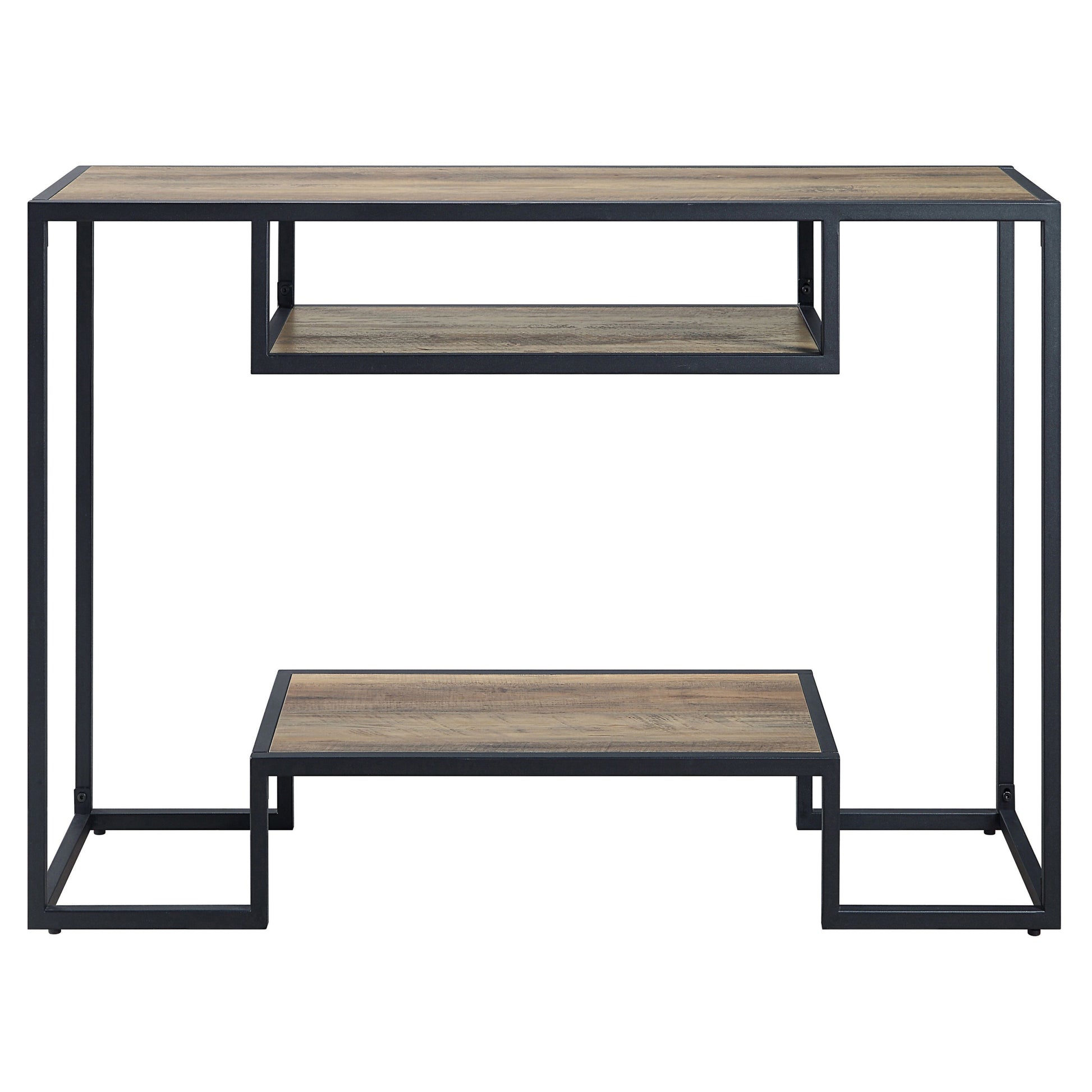 Rustic Oak And Black Console Table With 2 Shelves Rustic Primary Living Space Industrial Oak Shelves Rectangular Wood Metal Sled