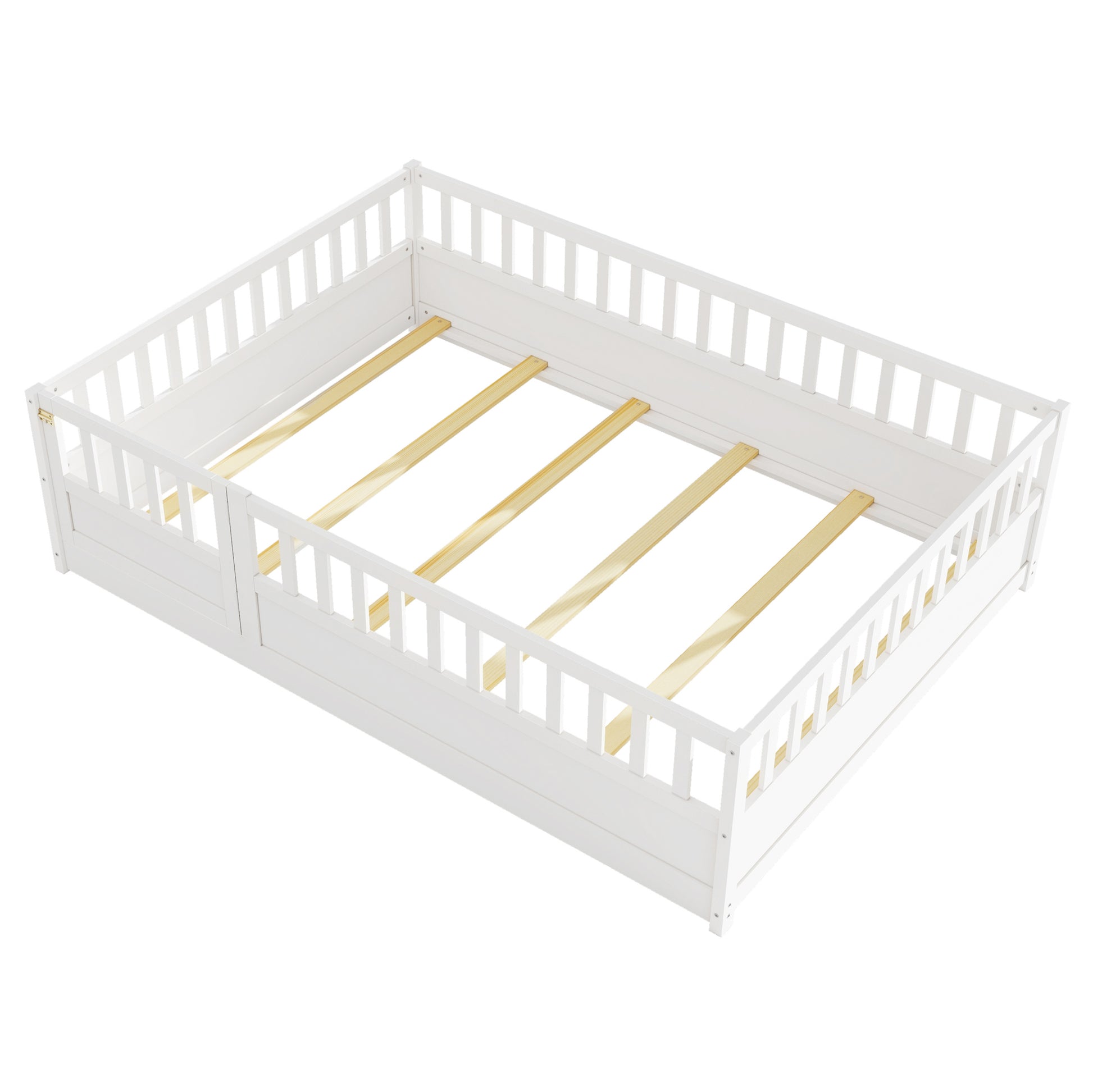 Full Size Floor Bed, Integral Construction With Super High Security Barrier, Door, Children'S Floor Bed Frame, Montessori Wooden Children'S Floor Bed, Support Slat White Box Spring Required Full White Wood Brown Bedroom American Design,Artsy Pine Bed