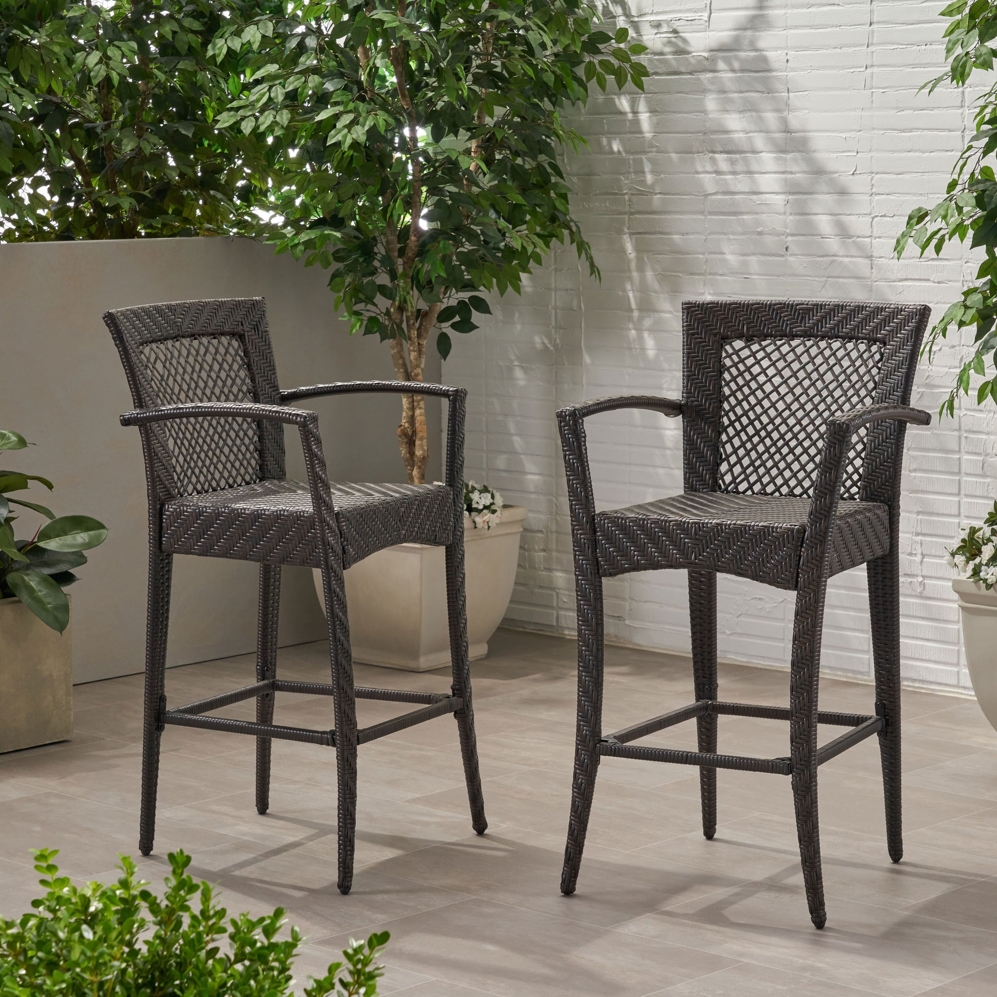 Outdoor 46" Wicker Barstool Set Of 2 , Multi Brown Finish No Brown Multi Garden & Outdoor Wicker