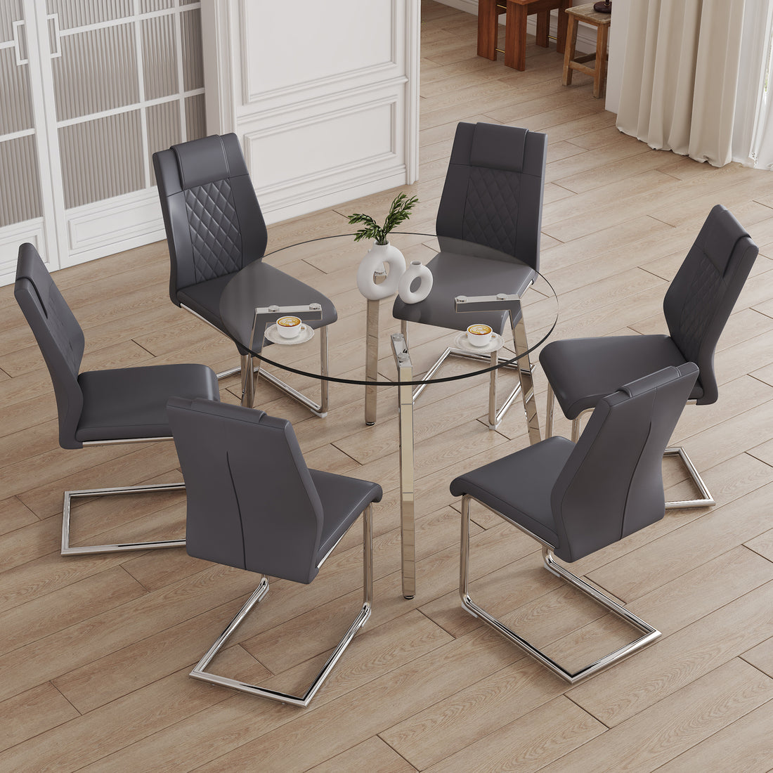 Table And Chair Set.A Modern Minimalist Style Round Clear Tempered Glass Table With Silver Metal Legs.And 6 Dark Gray Chairs With Modern Pu Leather High Back Upholstered And C Tube Chrome Legs. Dark Gray,Silver Seats 6 Glass Metal