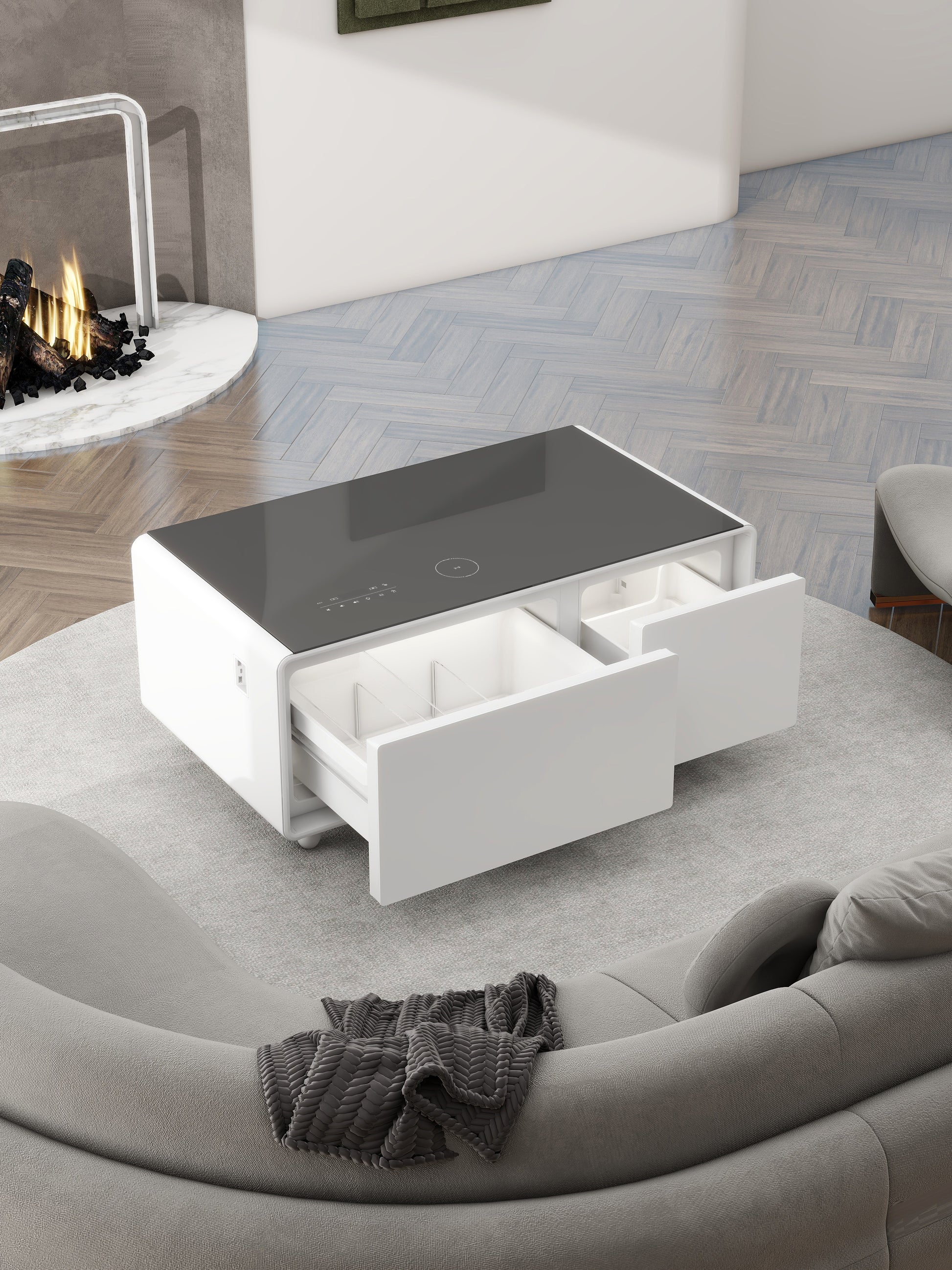 Party Time Modern Style Led Display Refrigerator Coffee Table In White Color White Built In Outlets Or Usb Primary Living Space Modern Freestanding Drawers Coffee & End Tables Glossy Rectangular