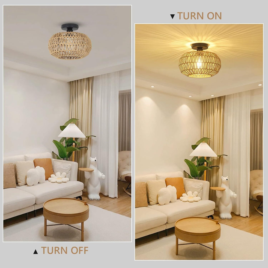 Rattan Light Fixtures Ceiling Mount,Boho Ceiling Light Fixture With Dimmable Led Bulb Mini Hand Woven Rattan Chandelier Light Fixtures Ceiling For Bedroom Kitchen Entryway Living Room Hallway Brown Rattan Metal