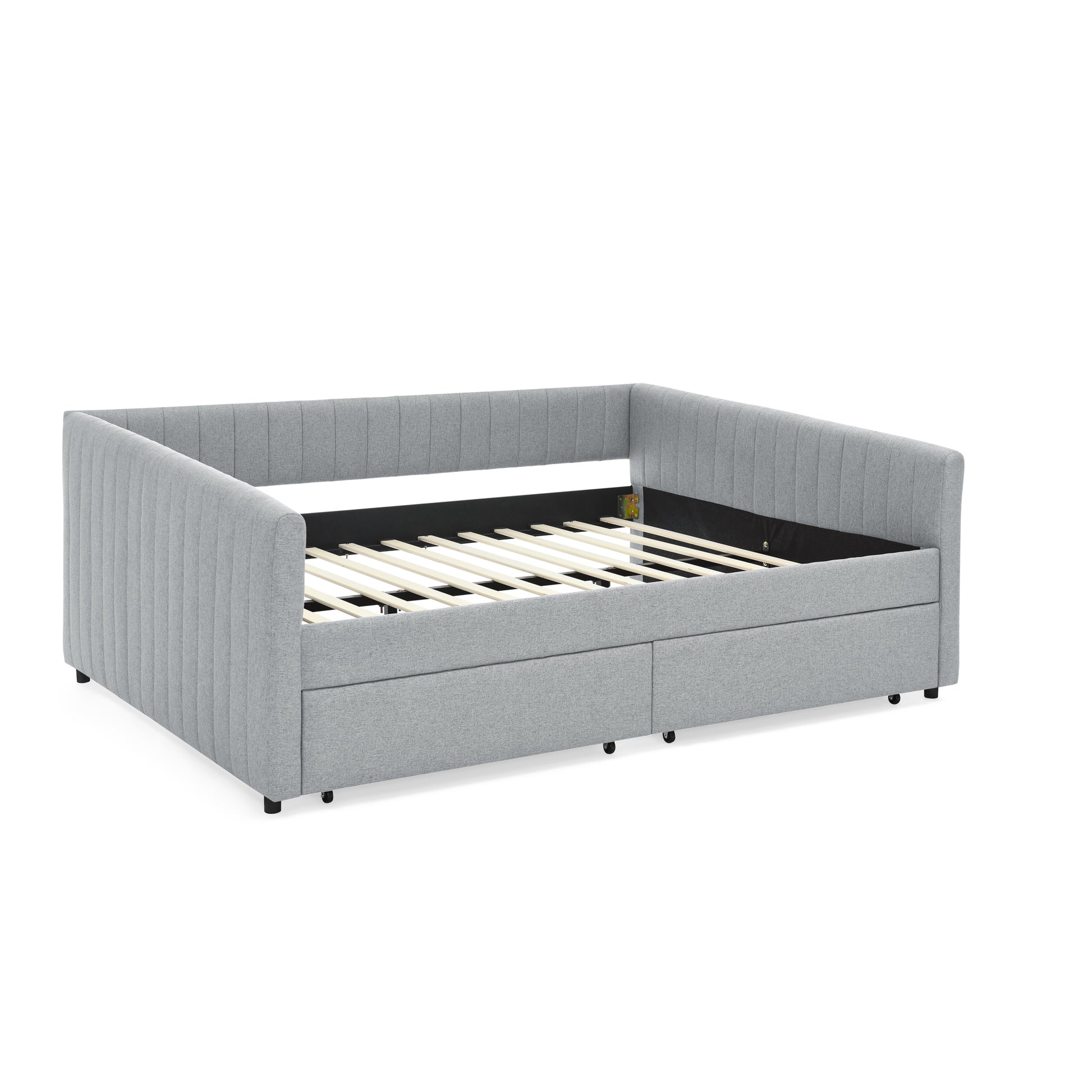 Queen Size Daybed With Two Drawers Trundle Upholstered Sofa Bed, With Vertical Stripes Linen Fabric, Grey 86.5"X65"X30" Grey Linen