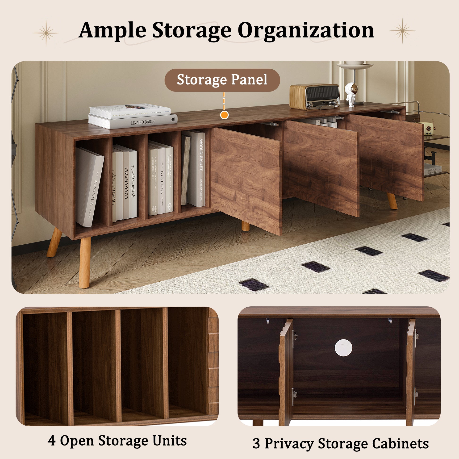 70" Mid Century Modern Tv Stand, Media Console Table For Tvs Up To 80'', Entertainment Center With 5 Solid Wood Legs For Living Room, Bedroom Walnut Primary Living Space 70 79 Inches 70 79 Inches