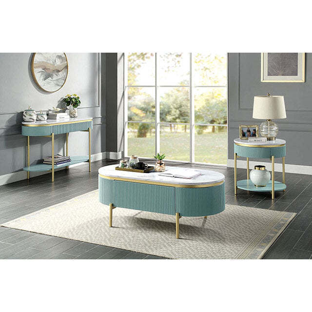 Glam Contemporary Light Teal 1Pc Sofa Table White Faux Marble Top Living Room Side Table Open Bottom Shelve Teal Primary Living Space Contemporary,Glam,Modern,Shabby Chic Metal