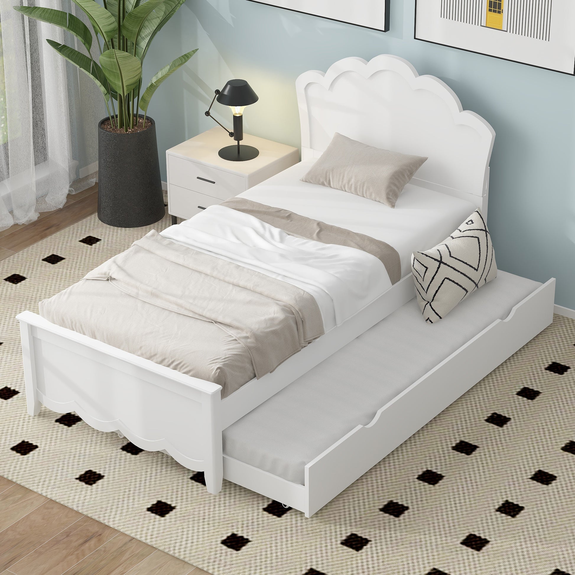 Twin Size Wood Platform Bed With Headboard And Twin Size Trundle, White Box Spring Not Required Twin White Wood Bed Frame Solid Wood Mdf