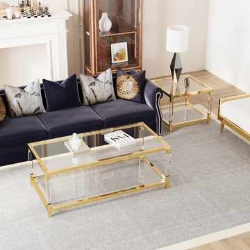 Modern Minimalist Living Room Furniture Set, Stylish Transparent Acrylic Leg Coffee Table, Square Edge Table, Tempered Glass Face Tea Table Combination Gold End Table Golden,Transparent Glass Acrylic