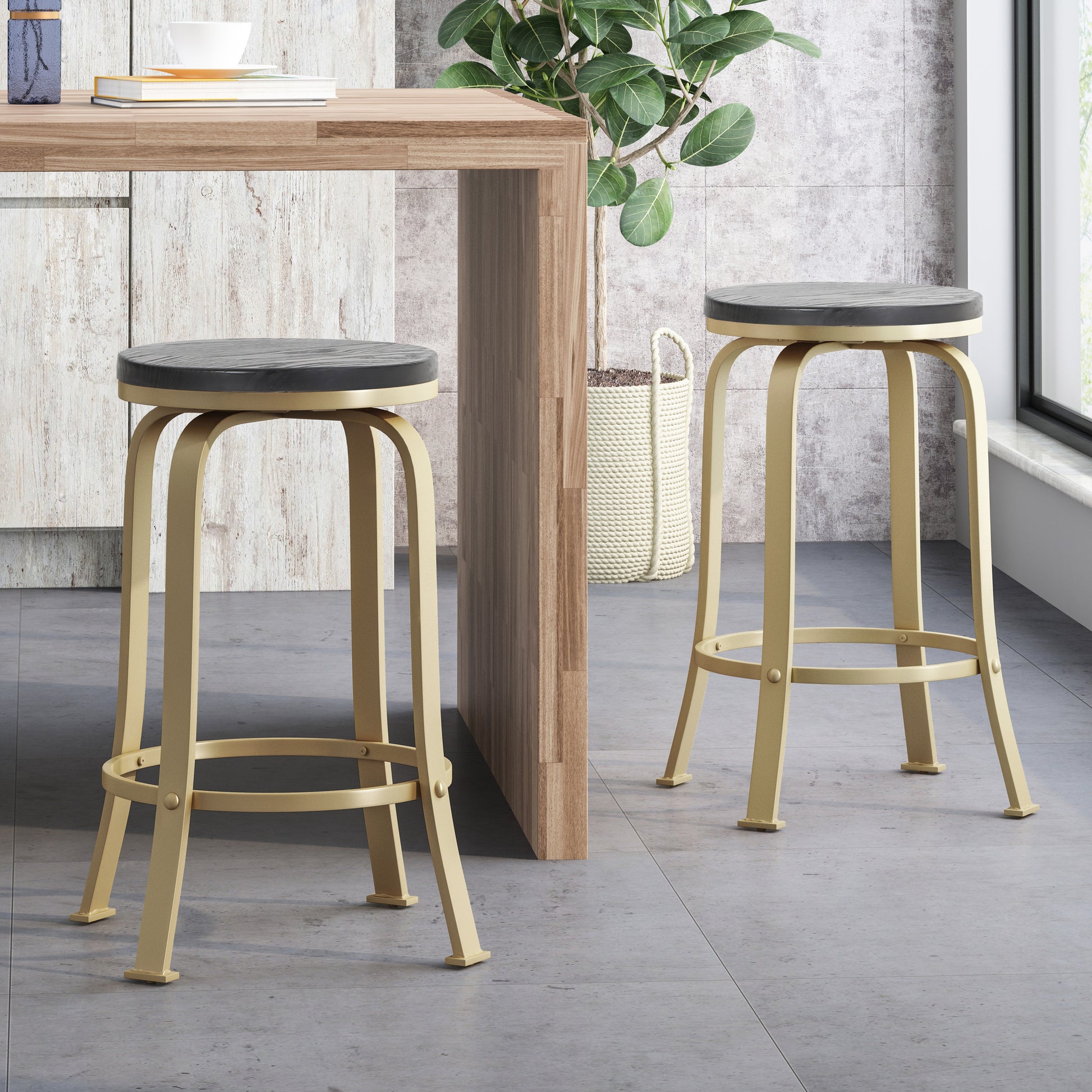 Counter Stool2Pcs Set Black Gold Metal