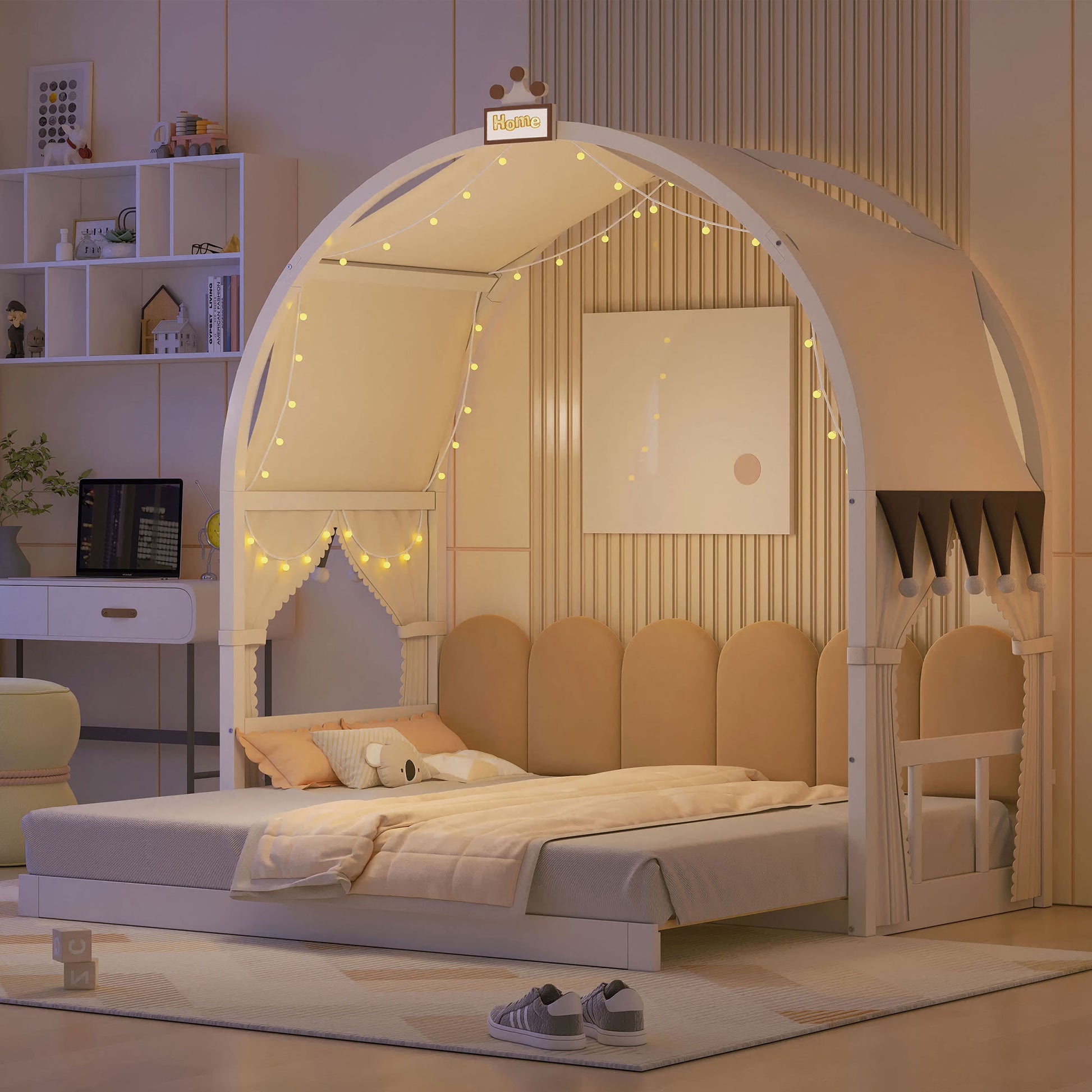 Twin Size Extended Bed With Arched Roof And Trundle, White Twin White Plywood