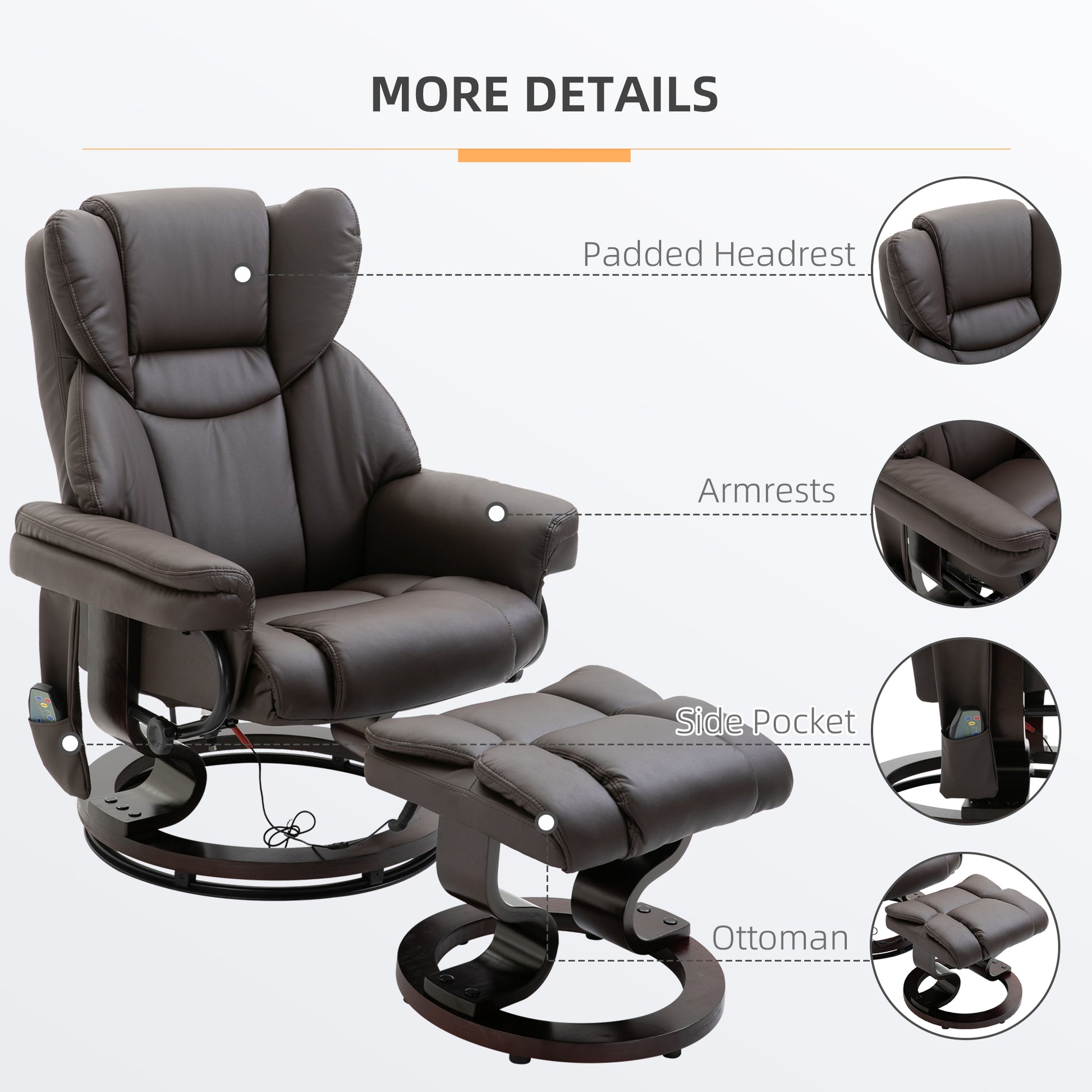 Homcom Massage Recliner Chair With Ottoman Footrest, 10 Vibration Points, 360 Swivel Reclining Chair, Faux Leather Living Room Chair With Side Pocket And Remote Control, Brown Brown Steel