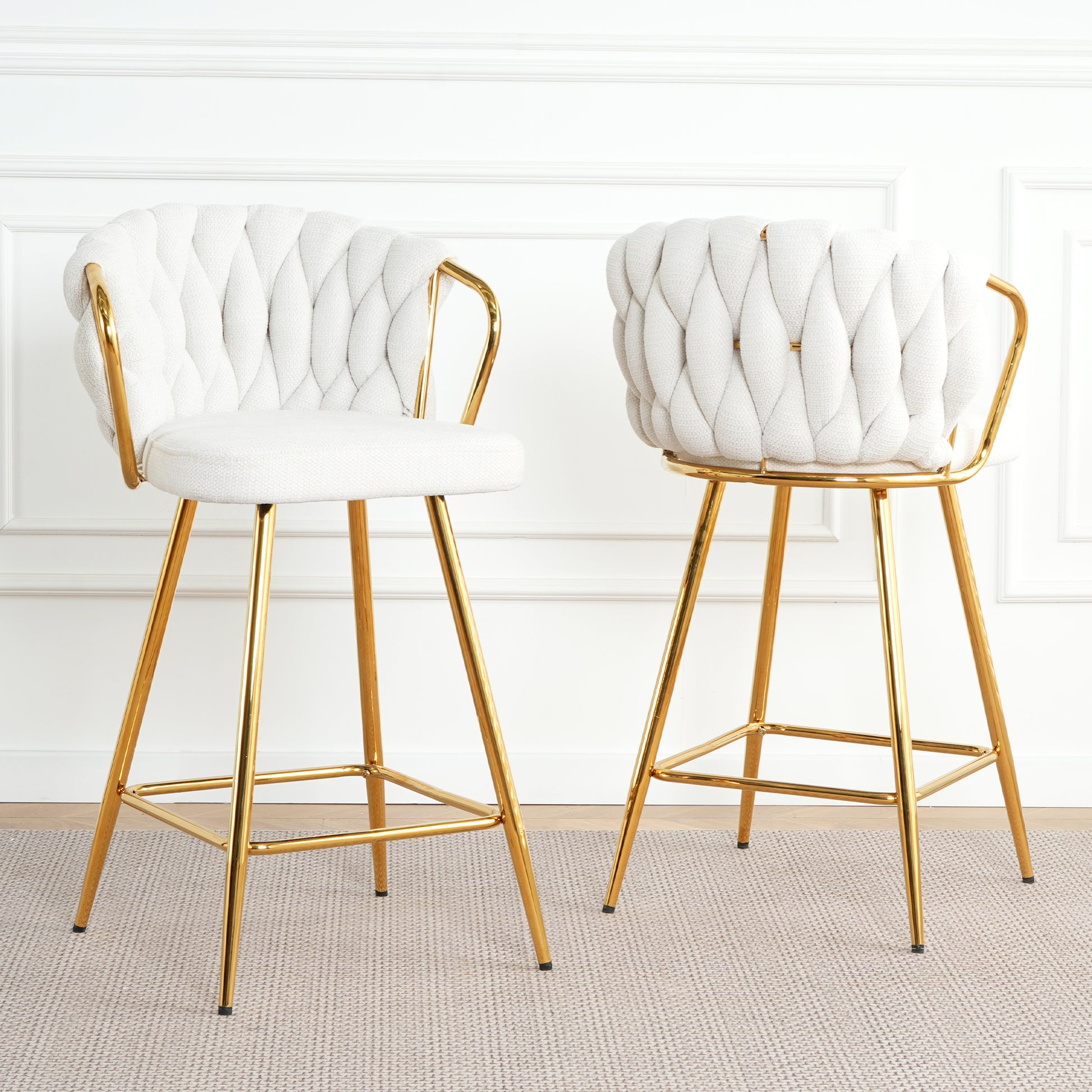 Stylish White Cotton And Linen Design, Gold Plated Metal Table Legs, Round Tempered Glass Countertop, Bar Chair Cover, Suitable For Bar, Restaurant, Bedroom Bar Chair, Set Of 3 Metal White Seats 2