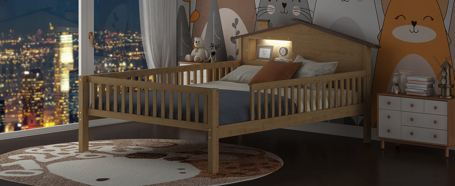 Full Size Wood Platform Bed With House Shaped Headboard, Led And Built In Storage, Natural Box Spring Not Required Full Natural Wood Bedroom Bed Frame Wood