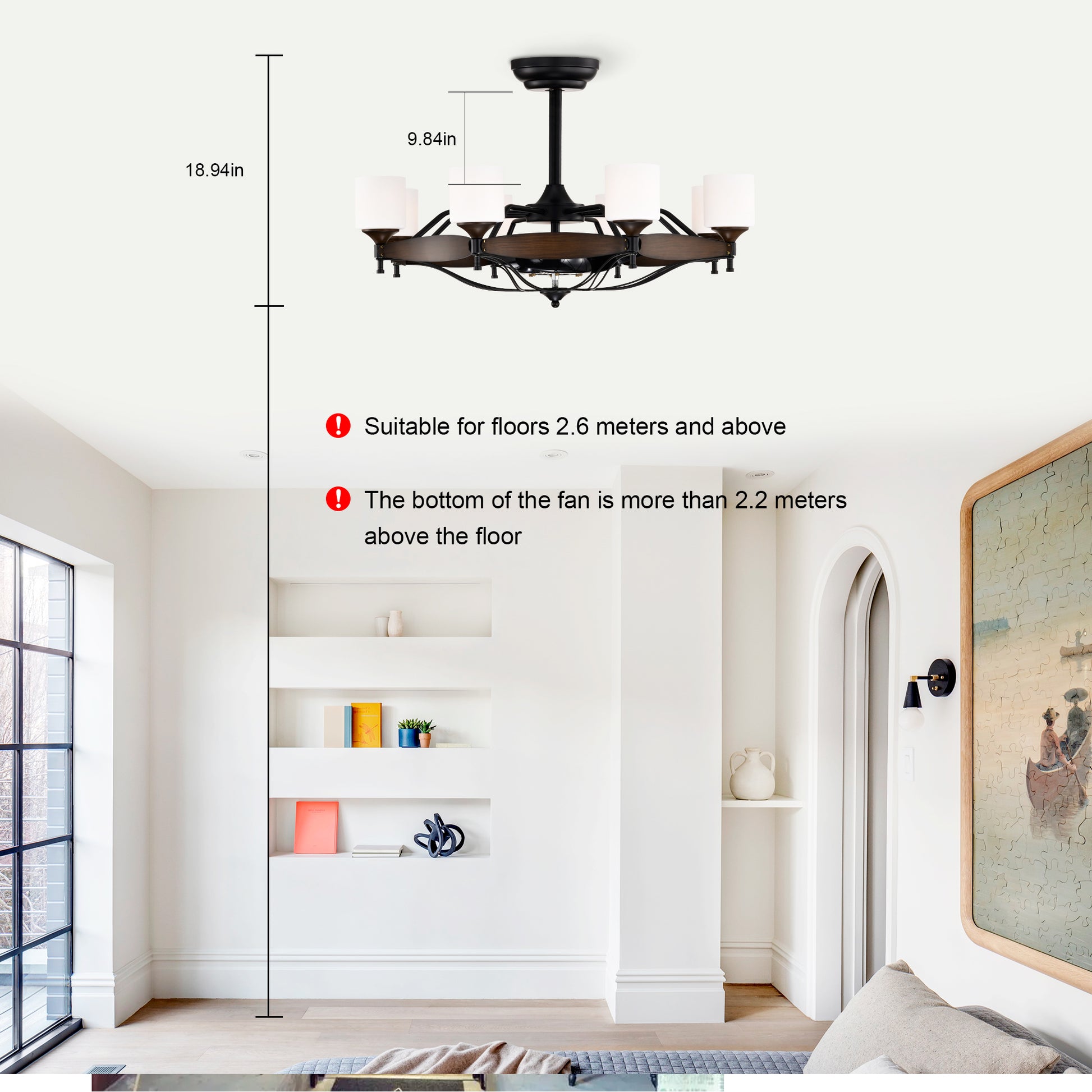 Dia 33 Inch Chandelier Ceiling Fan With Remote Control,Dc Motor ,6 Speed,3 Abs Blades For Bedroom Dining Room Living Room Kitchen Farmhouse Entry,Matte Black Red Wood Grain Wood American Design,American Traditional,Classic,Contemporary,Farmhouse Glass