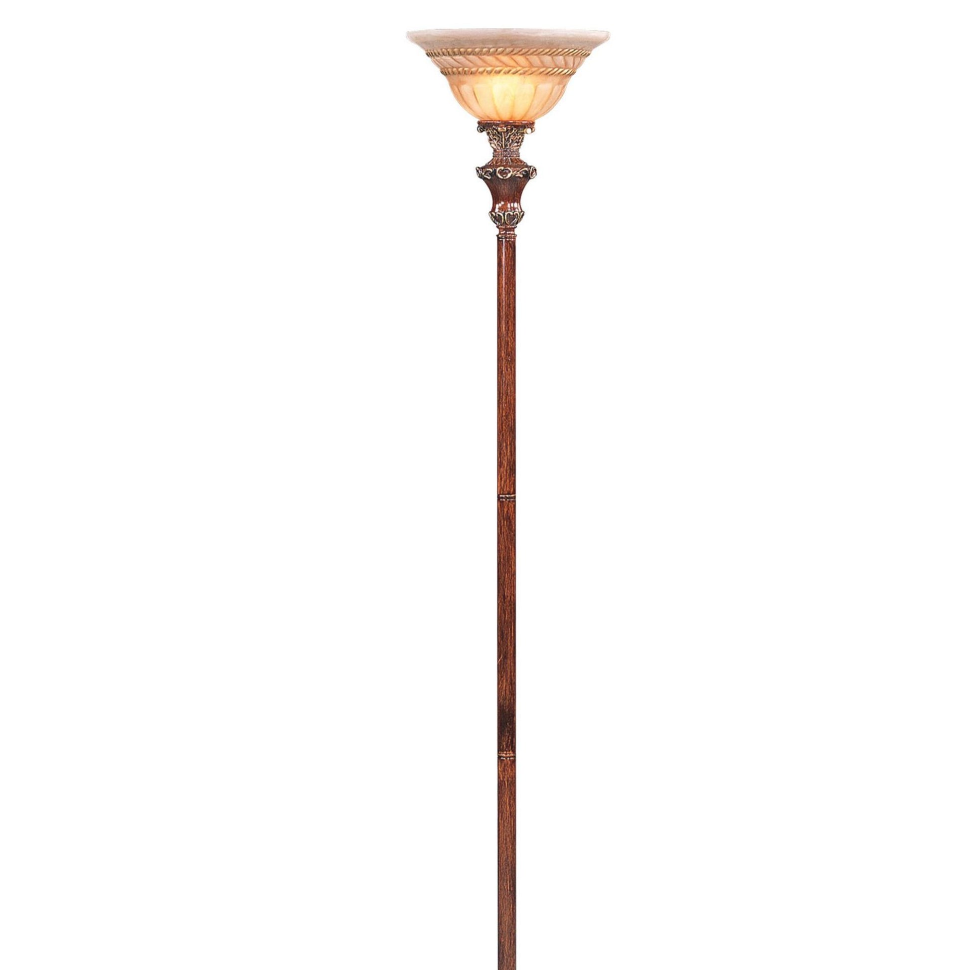 70" Tall Metal Torchiere Floor Lamp With Wooden Finish, Glass Shade Brown Metal