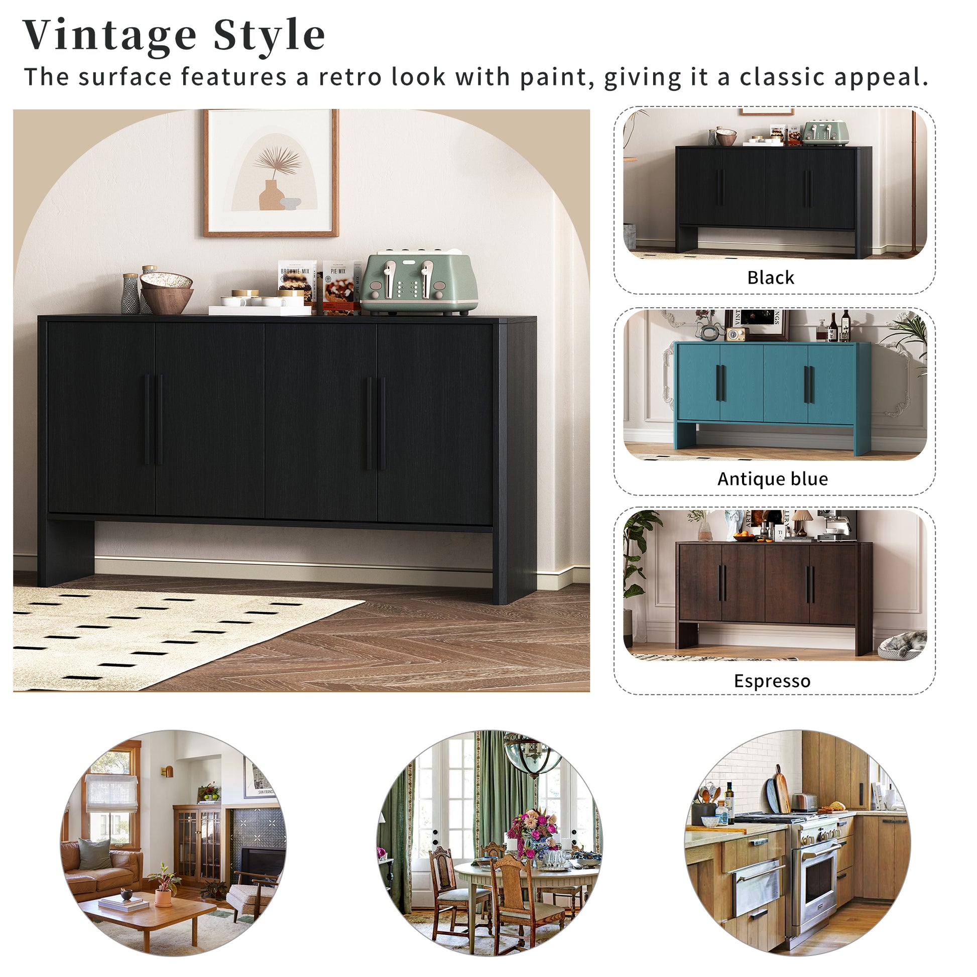 4 Door Large Storage Retro Sideboard With Adjustable Shelves And Long Handles For Kitchen, Dining Room And Living Room Black Black Mdf