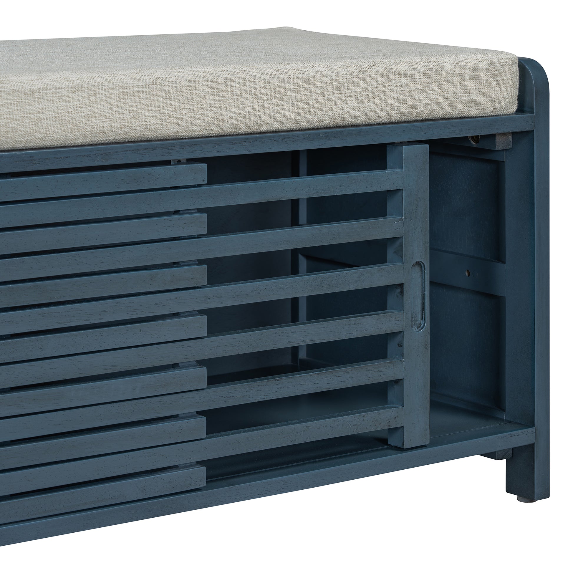 Distressed Shutter Storage Bench With Acacia Veneer For Retro Charm For Living Room, Entryway Navy Navy Mdf