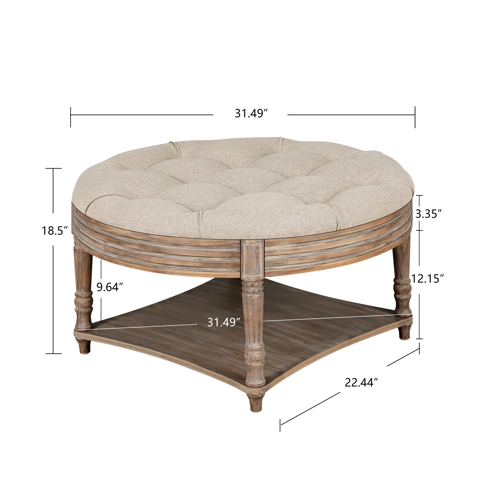 Large Round Ottoman Coffee Table 2 Tier Oversized Button Tufted Ottoman With Wooden Shelf Storage Farmhouse Upholstered Coffee Table Living Room Footstool Ottoman Linen Light Gray Brown Wood Primary Living Space Medium Soft Wood Round Linen Mdf