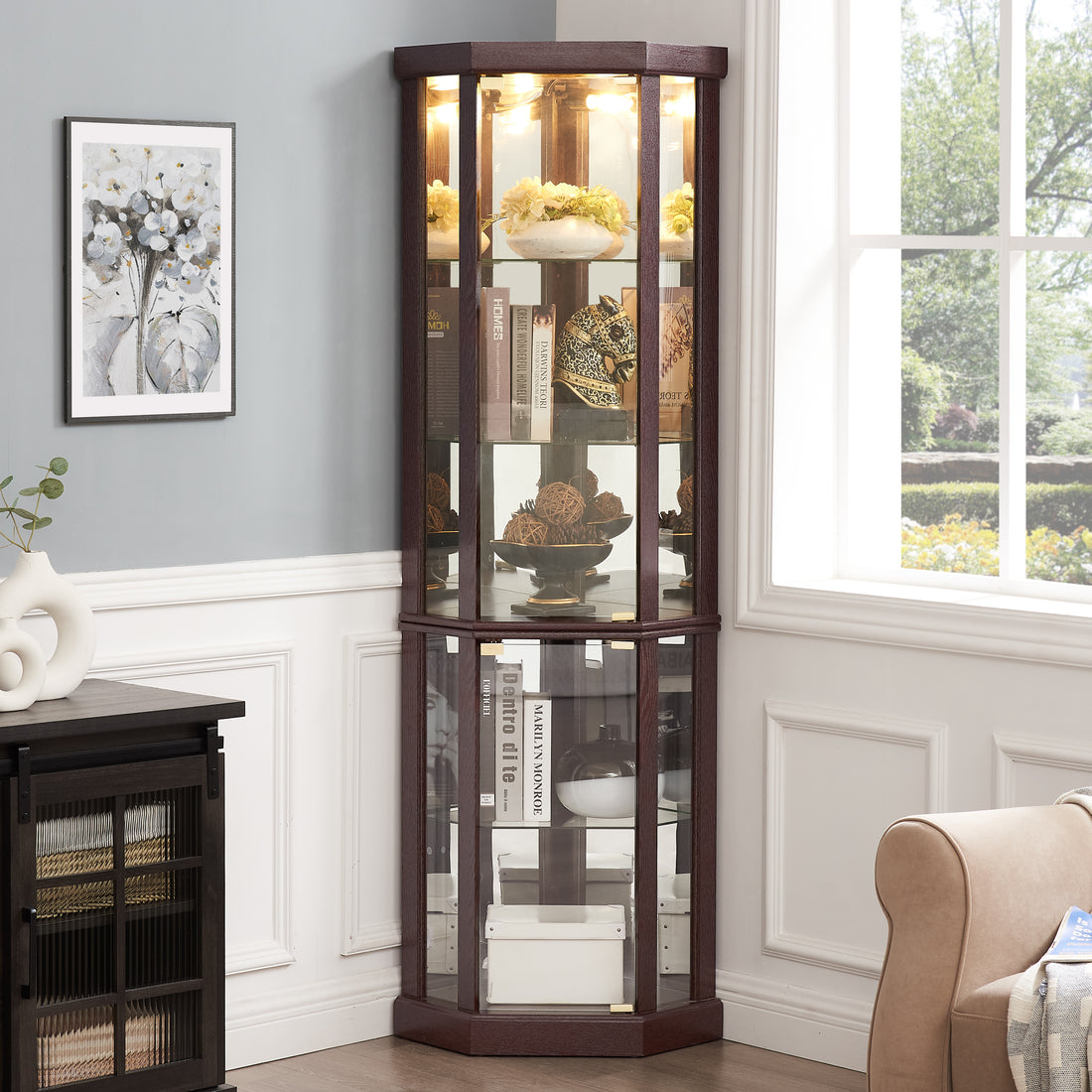 Corner Lighted Curio Cabinet Corner Glass Cabinet Lighted Curio Cabinet Corner Display Case For Living Room, Curio Cabinet, Antique Collection, Wine,Bar Glass Storage Light Included,Dark Cherry Cherry Mdf Glass