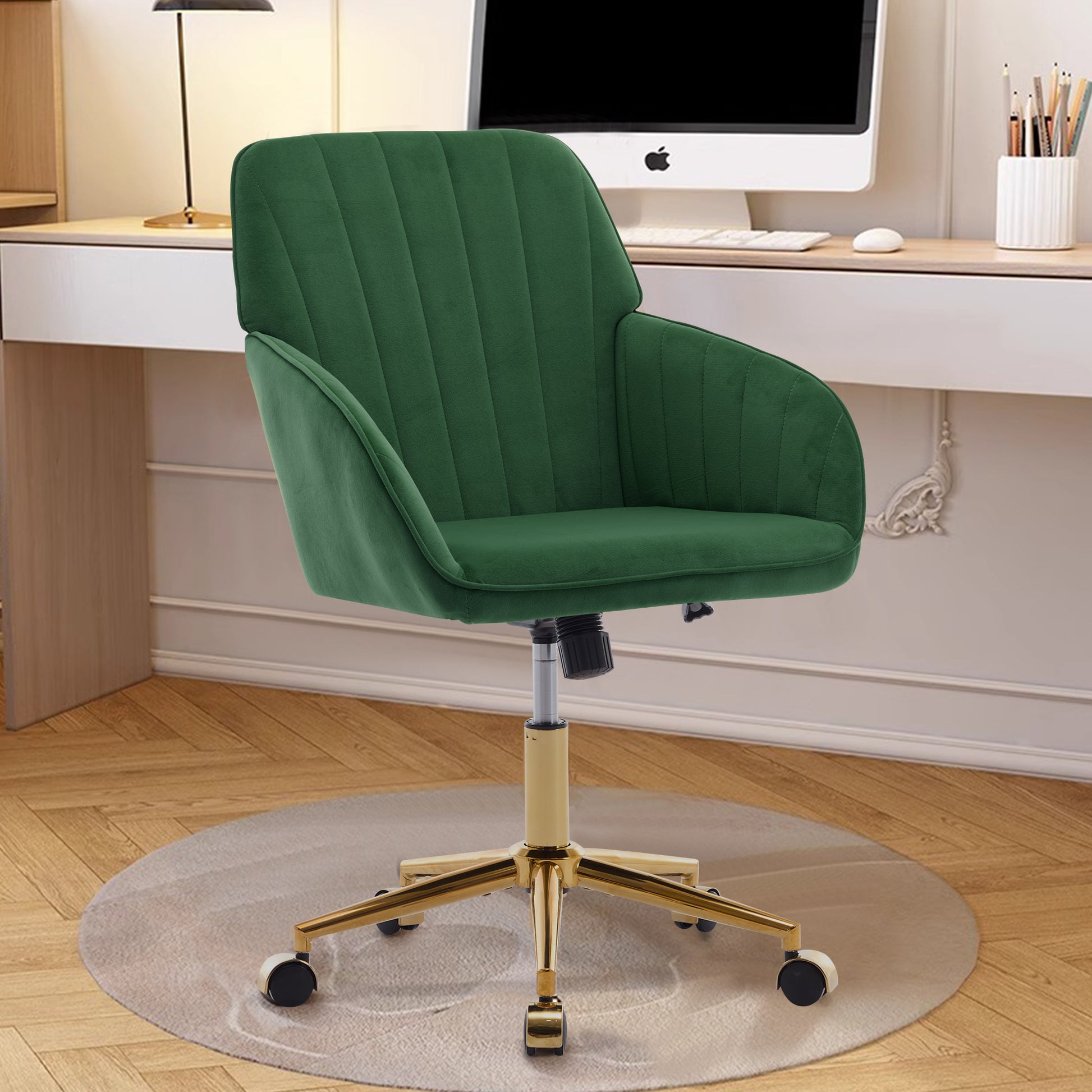 Ty Adjustable Office Chair, Home Bedroom, Ergonomic Swivel Chair, Backrest Seat, Comfortable For Long Sitting Green Velvet