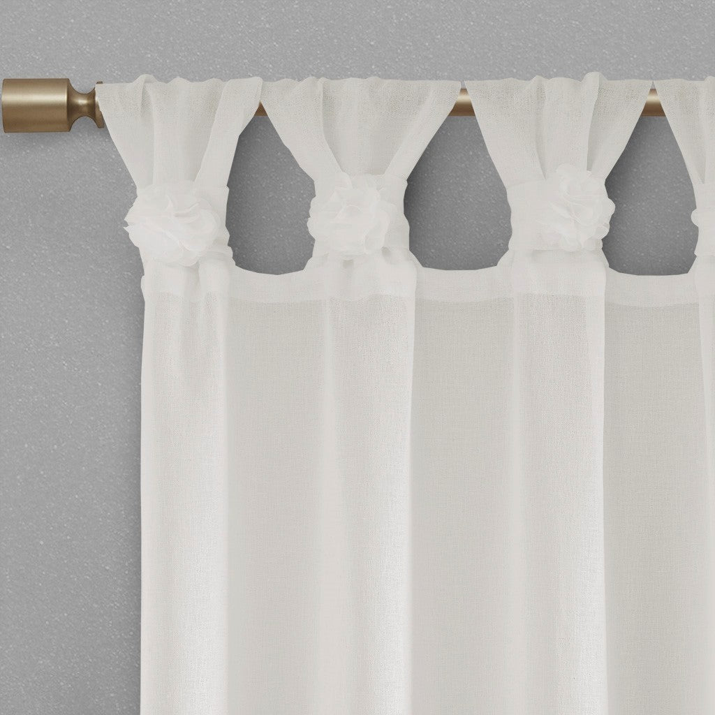 Floral Embellished Cuff Tab Top Solid Curtain Panel Only 1 Pc Panel White Linen