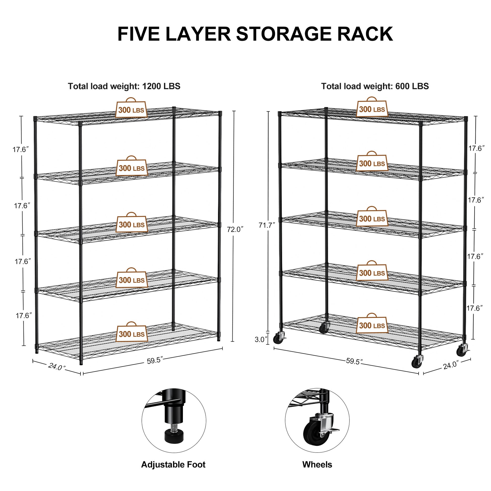 Warehouse, Supermarket,Kitchen,And Other 5 Layer Heavy Duty Adjustable Shelves With Wheels And Adjustable Feet,Each Metal Frame Bearing 300 Pounds. 59.45 "L 24.02 "W 71.65 "H,Black. Black Steel