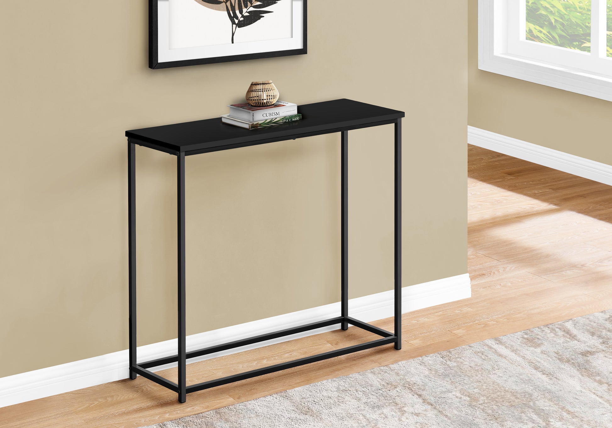 Accent Table, Console, Entryway, Narrow, Sofa, Living Room, Bedroom, Black Laminate, Black Metal, Contemporary, Modern Black Particle Board