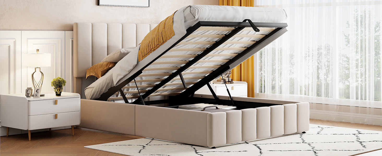 Full Size Upholstered Platform Bed With A Hydraulic Storage System Beige Old Sku: Lp000111Aaa Beige Upholstered