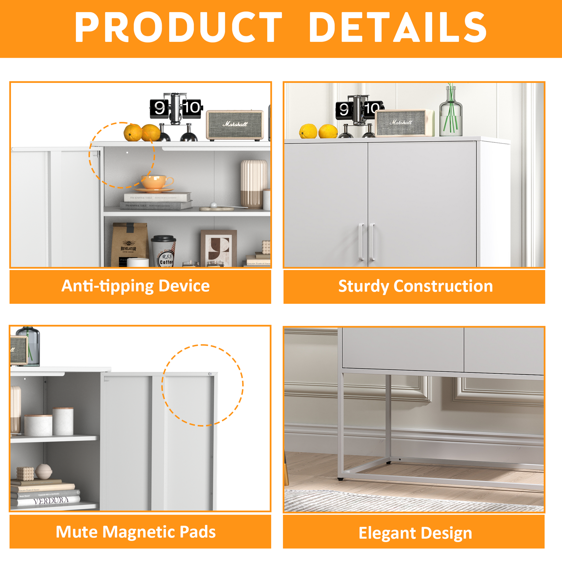 Heavy Duty Metal Buffet Sideboard Modern Steel Storage Cabinet With 2 Shelves, Free Standing Accent Cabinet With Magnetic Doors For Bedroom, Kitchen, And Home Office, Anti Tip Design Easy Assemble Accent Chests 1 2 Shelves Antique White Primary Living