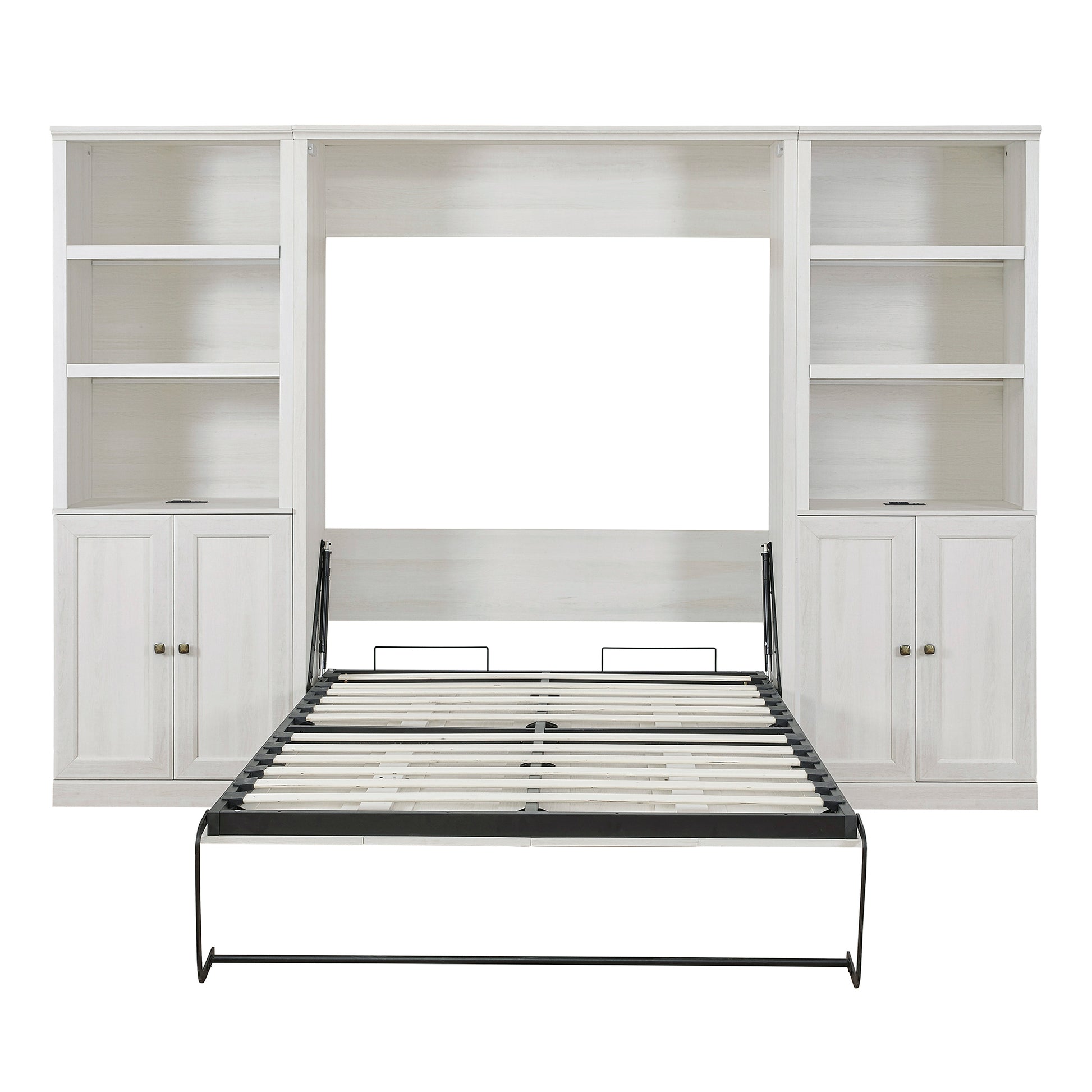 Full Size Half Self Close And Open Murphy Bed With 2 Side Cabinet Storage Shelf, Cabinet Space Saving Bed Perfect For Guest Room, Bed Room, Guest Room, Home Office, Rustic White Box Spring Not Required Full Rustic White Wood White Pine Murphy Solid Wood