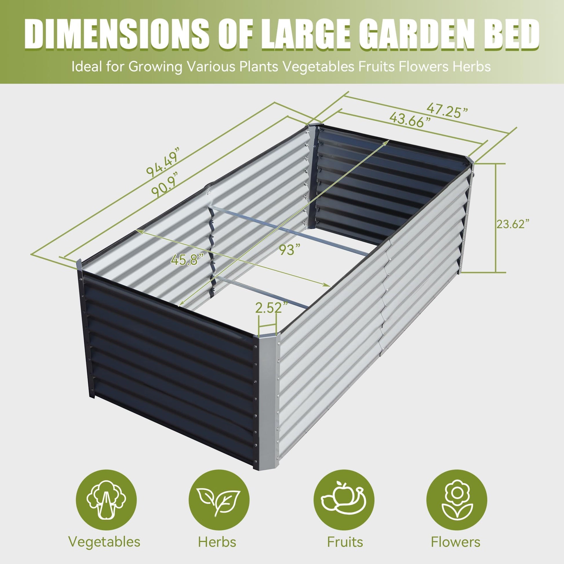 8X4X2 Ft Galvanized Raised Garden Bed, Outdoor Planter Garden Boxes Large Metal Planter Box For Gardening Vegetables Fruits Flowers,Silver Silver Garden & Outdoor Steel