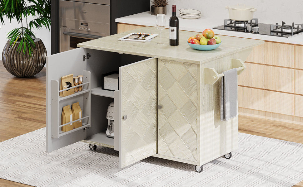 K&K 51.2"W Ash Veneer Not Cheap Paper Solid Wood Handwoven Kitchen Island With Drop Leaf, Coastal Kitchen Island On Wheels With Internal Storage Rack, Rolling Kitchen Cart, Champagne Champagne