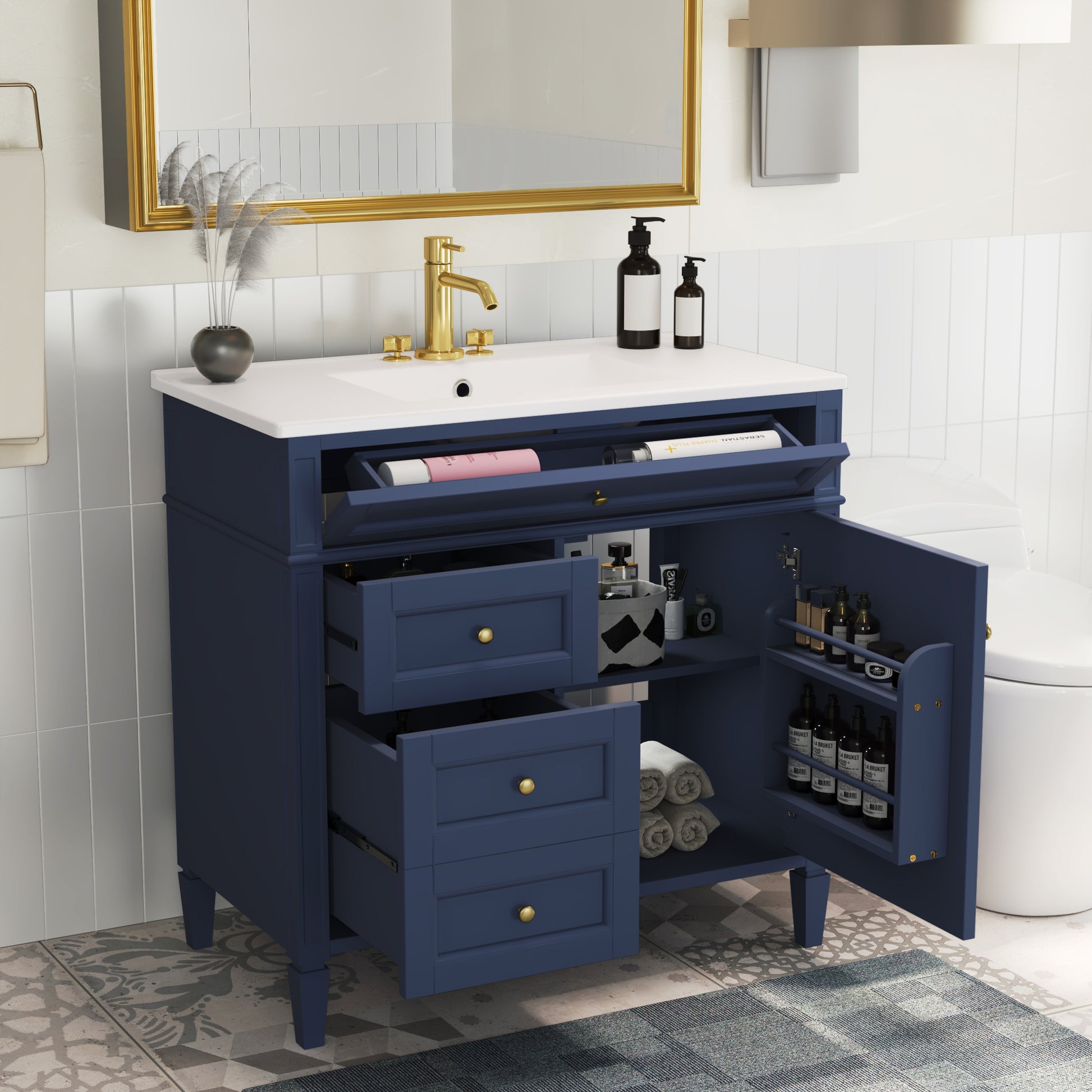 36'' Bathroom Vanity With Top Sink, Modern Bathroom Storage Cabinet With 2 Drawers And A Tip Out Drawer, Single Sink Bathroom Vanity Blue Bathroom Solid Wood Mdf Ceramic,Solid Wood Mdf