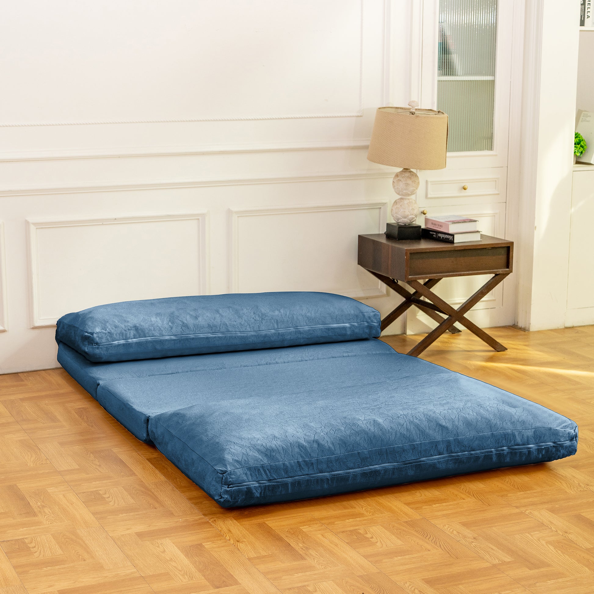 Large Folding Matress Sofa Bean Bag Bed, Foam Filling Folding Matress Sofa, Includes Removable And Machine Washable Cover, Soft Premium Faux Fur Blue Primary Living Space Soft Casual,Modern Foam Velvet