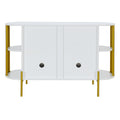 2 Door Elegant Curved Dining Cabinet With Gold Trim And Woven Rattan Doors For Dining Room White White Particle Board