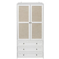 2 Door Wardrobe With 3 Drawers High Wardrobe Armoire With 2 Rattan Door For Living Room, Bedroom Organizer White Particle Board Mdf