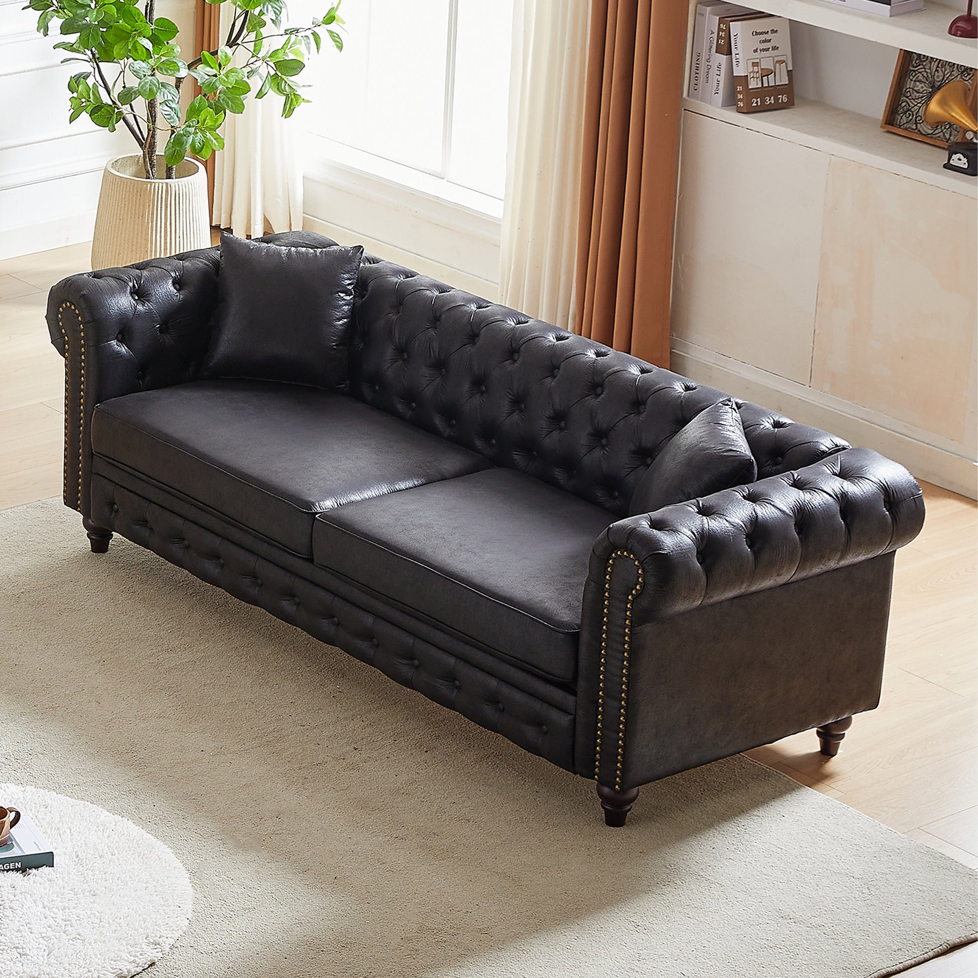 Fx 85.5"Living Room With Tech Fabric Chesterfield Sofa With Rolled Arms 3 Seater Sofa With Button Design And 2 Cushions For Apartment, Office, Living Room Black Wood Primary Living Space Pine Foam Fabric 3 Seat