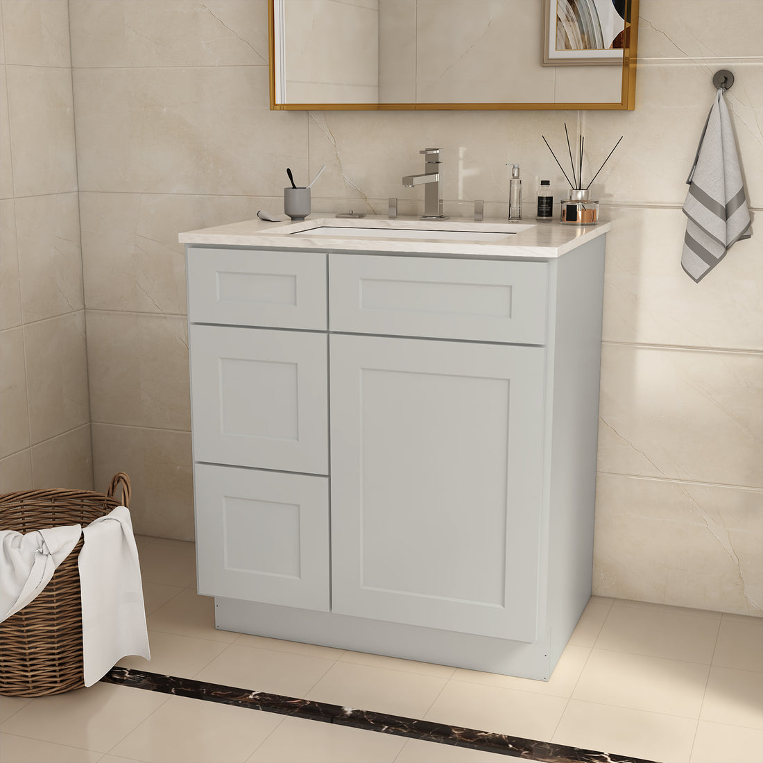 30 In. W X 21 In. D X 34.5 In. H In Shaker Dove Plywood Ready To Assemble Floor Vanity Sink Base Kitchen Cabinet With Left Door Light Gray Plywood