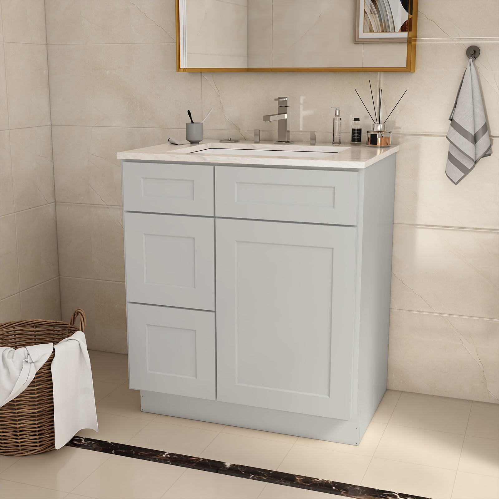 30 In. W X 21 In. D X 34.5 In. H In Shaker Dove Plywood Ready To Assemble Floor Vanity Sink Base Kitchen Cabinet With Left Door Light Gray Plywood